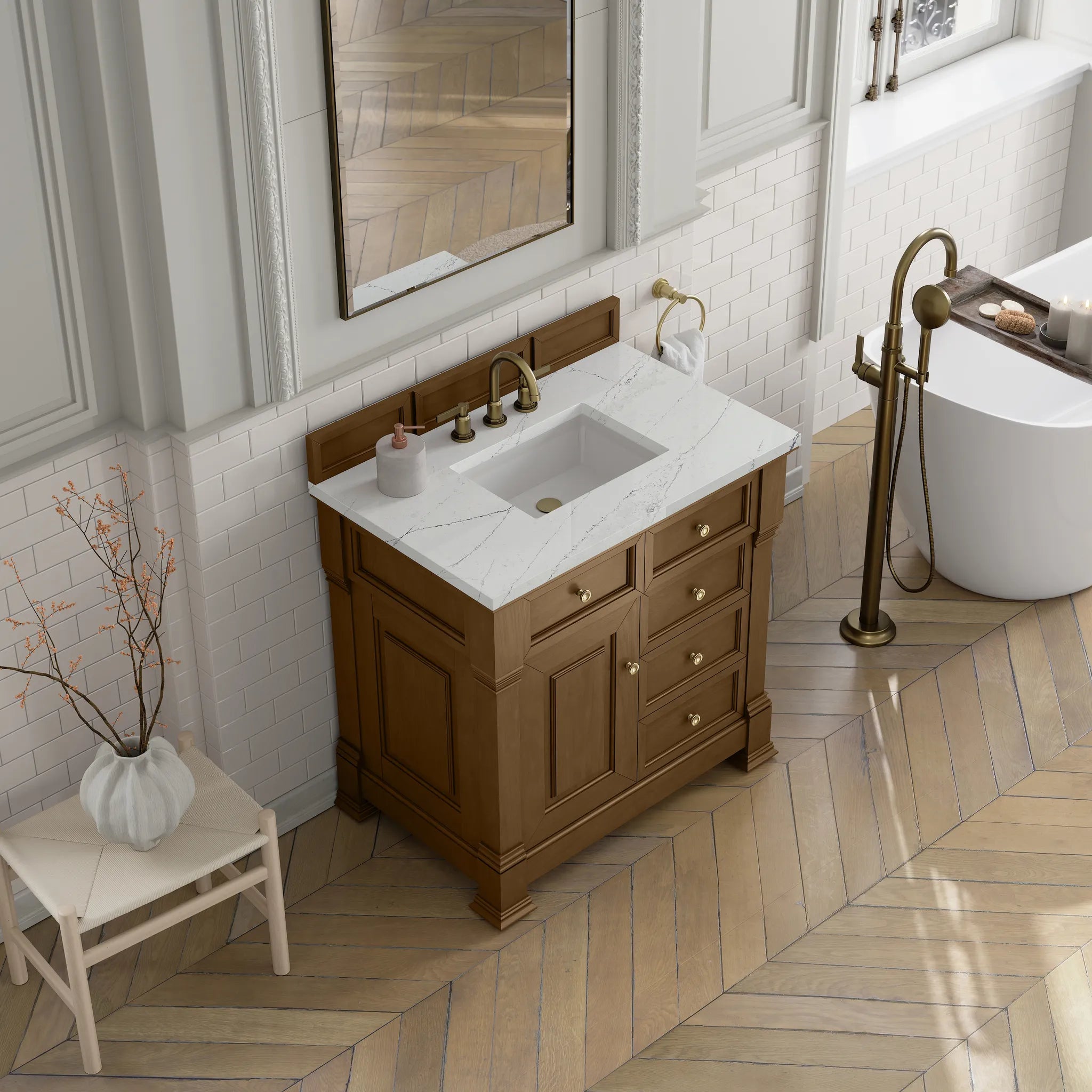 36" Brookfield Single Vanity in Honey Oak-Ethereal Noctis Silestone-8" Widespread image 6