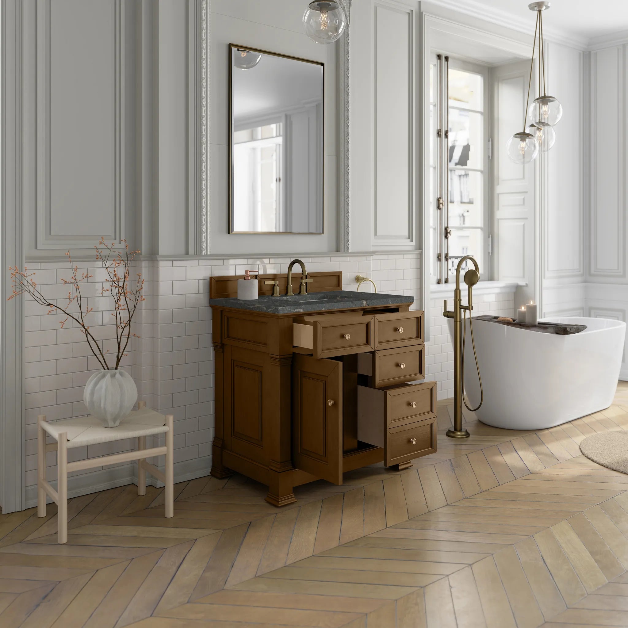 36" Brookfield Single Vanity in Honey Oak-Parisien Bleu Silestone-8" Widespread image 4