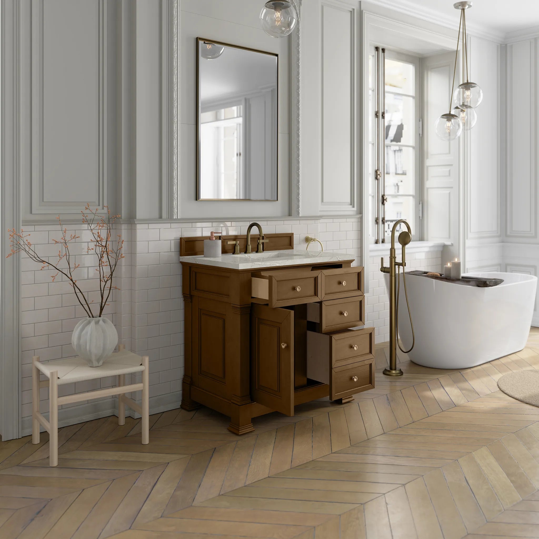 36" Brookfield Single Vanity in Honey Oak-Victorian Silver Silestone-8" Widespread image 4