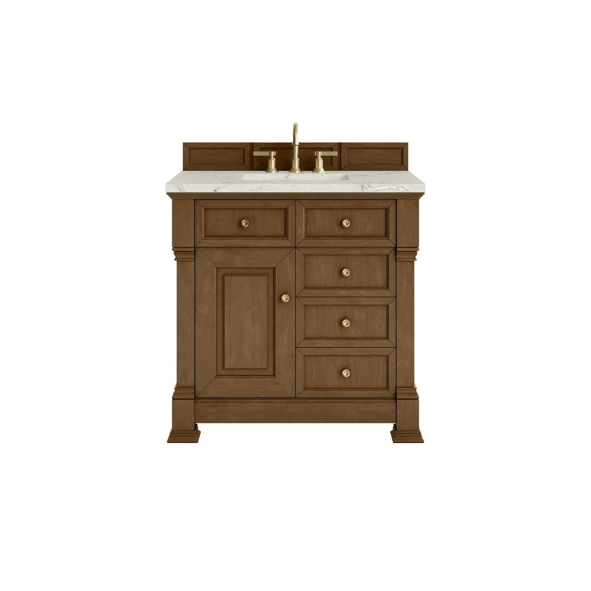 36" Brookfield Single Vanity in Honey Oak-Victorian Silver Silestone-8" Widespread image