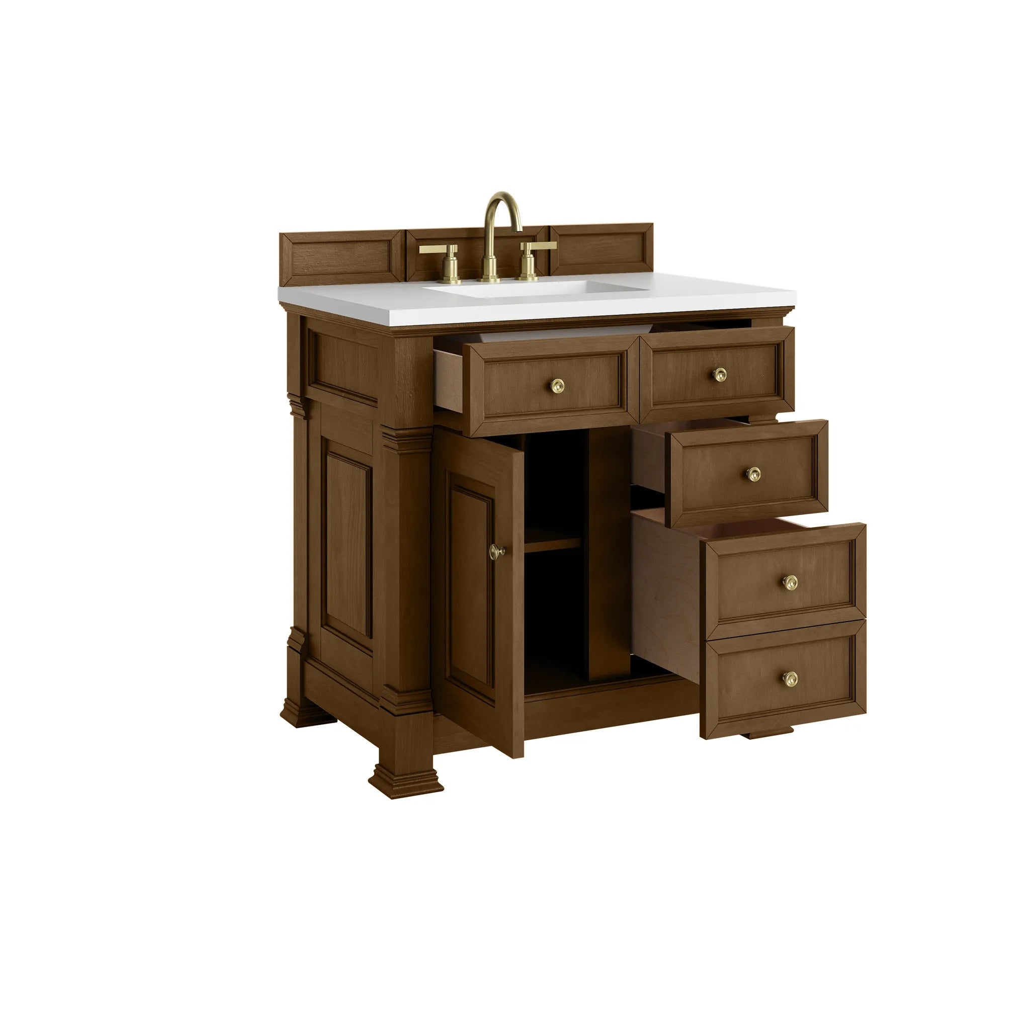 36" Brookfield Single Vanity in Honey Oak-White Zeus Silestone-8" Widespread image 7