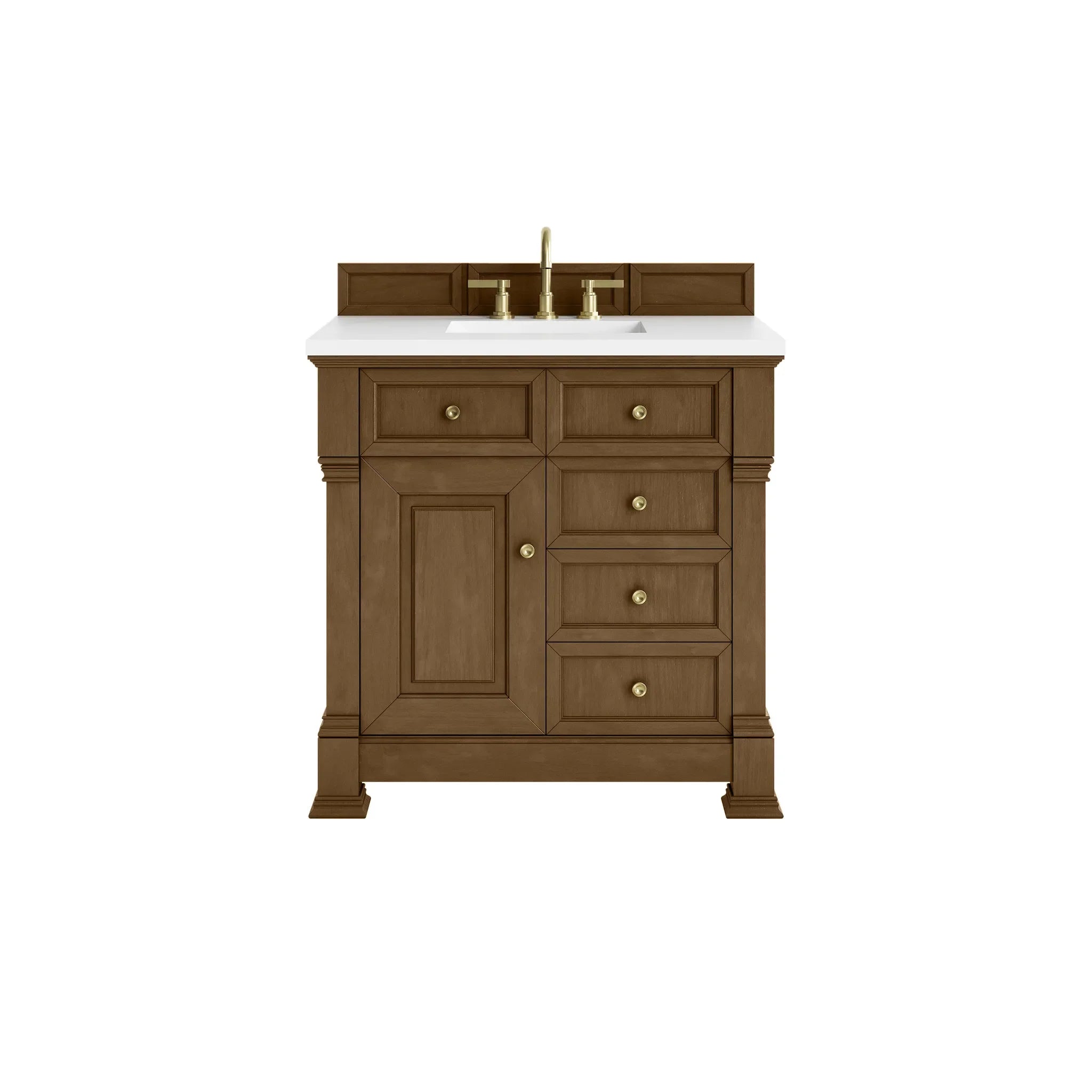 36" Brookfield Single Vanity in Honey Oak-White Zeus Silestone-8" Widespread image
