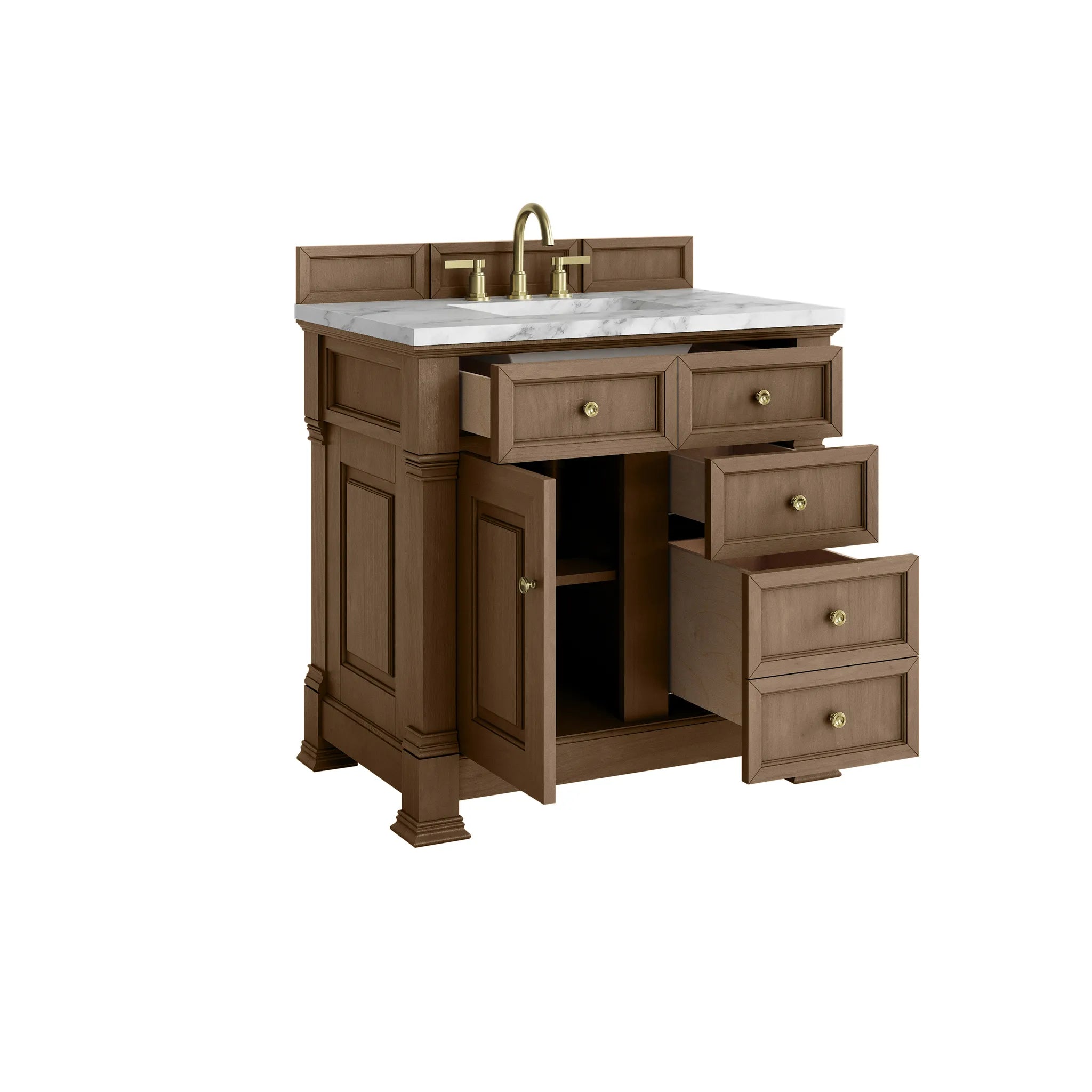 36" Brookfield Single Vanity in Pecan-Carrara White Marble-8" Widespread image 7