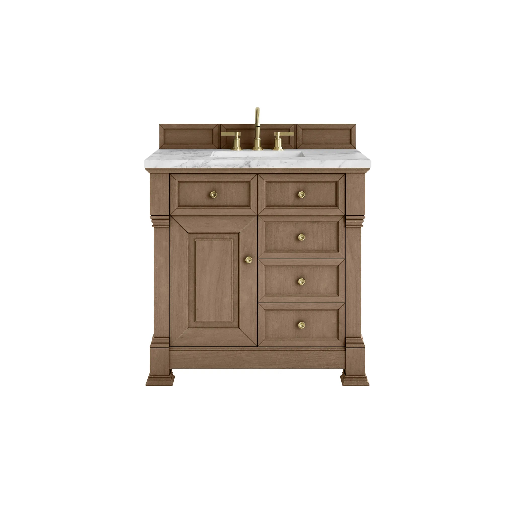 36" Brookfield Single Vanity in Pecan-Carrara White Marble-8" Widespread image