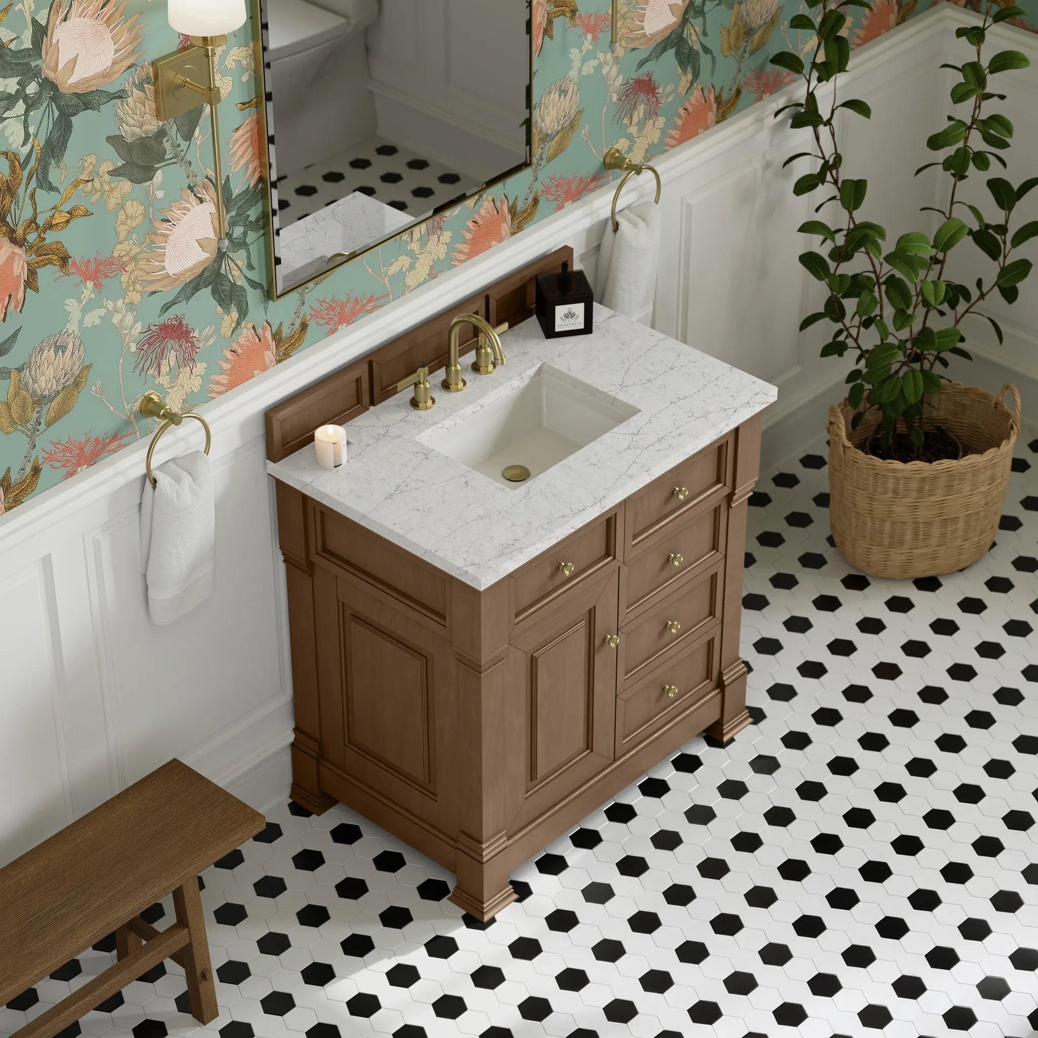 36" Brookfield Single Vanity in Pecan-Eternal Jasmine Pearl Silestone-8" Widespread image 6