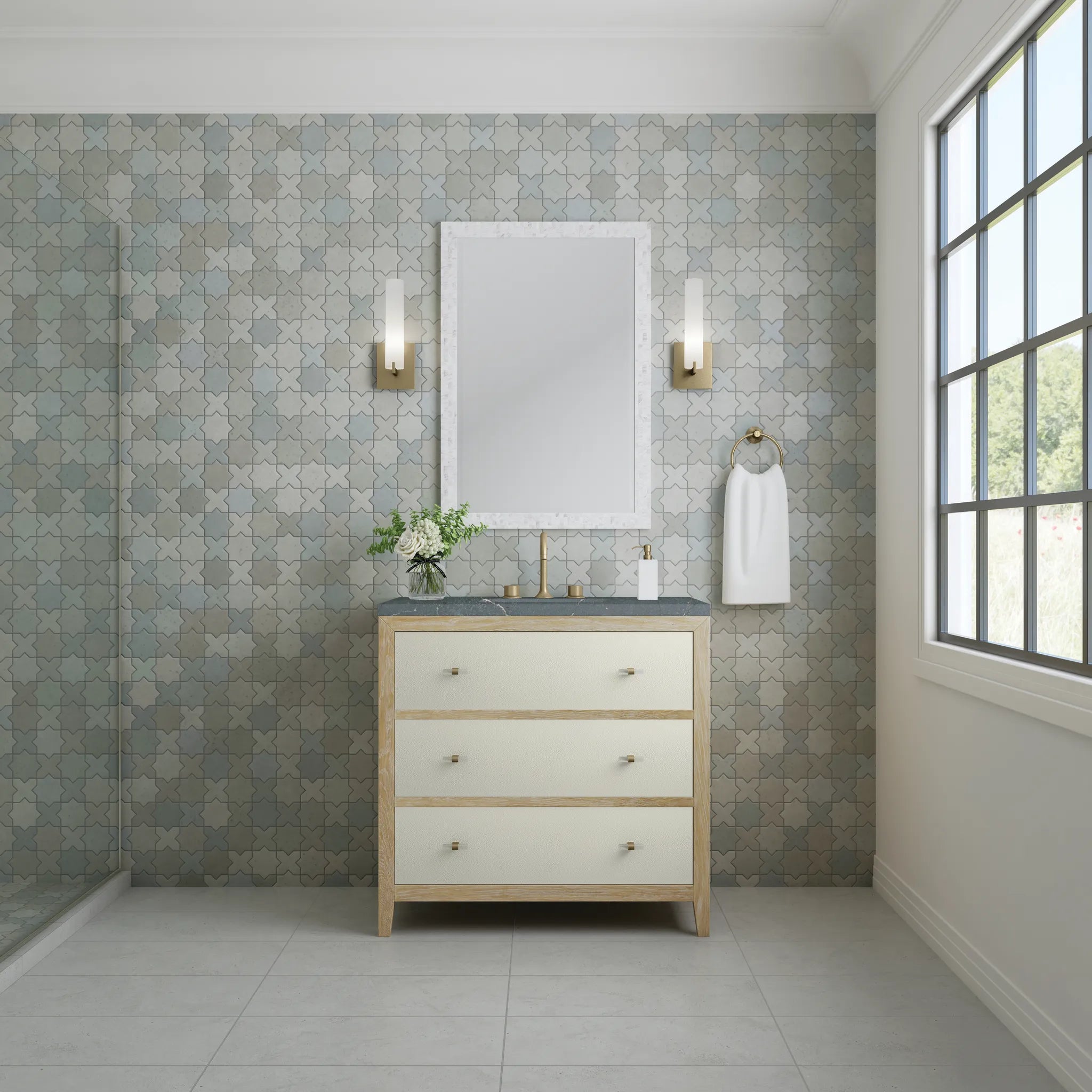 36" Celeste Single Vanity in Sunwashed Oak with Embossed Shagreen-Parisien Bleu Silestone-8" Widespread image 2