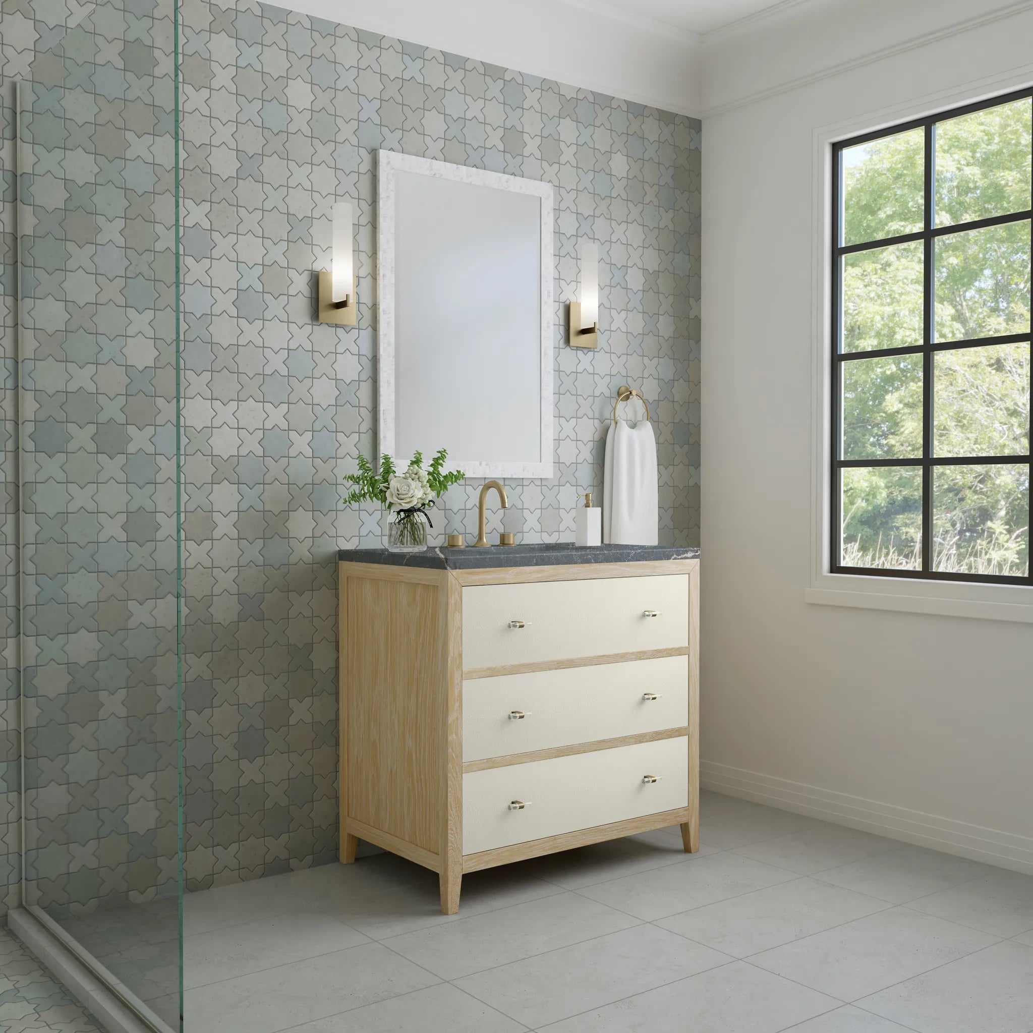 36" Celeste Single Vanity in Sunwashed Oak with Embossed Shagreen-Parisien Bleu Silestone-8" Widespread image 3