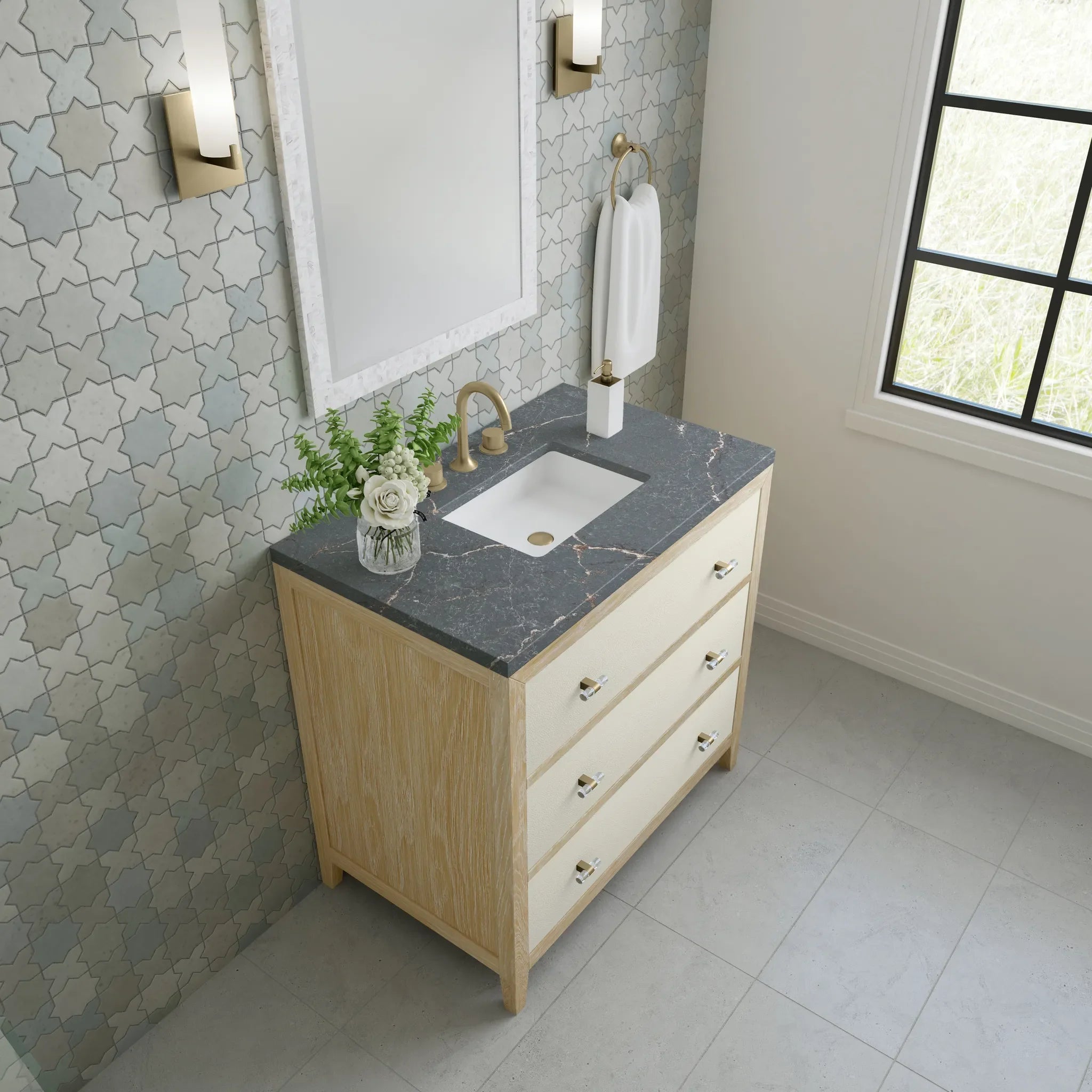 36" Celeste Single Vanity in Sunwashed Oak with Embossed Shagreen-Parisien Bleu Silestone-8" Widespread image 6