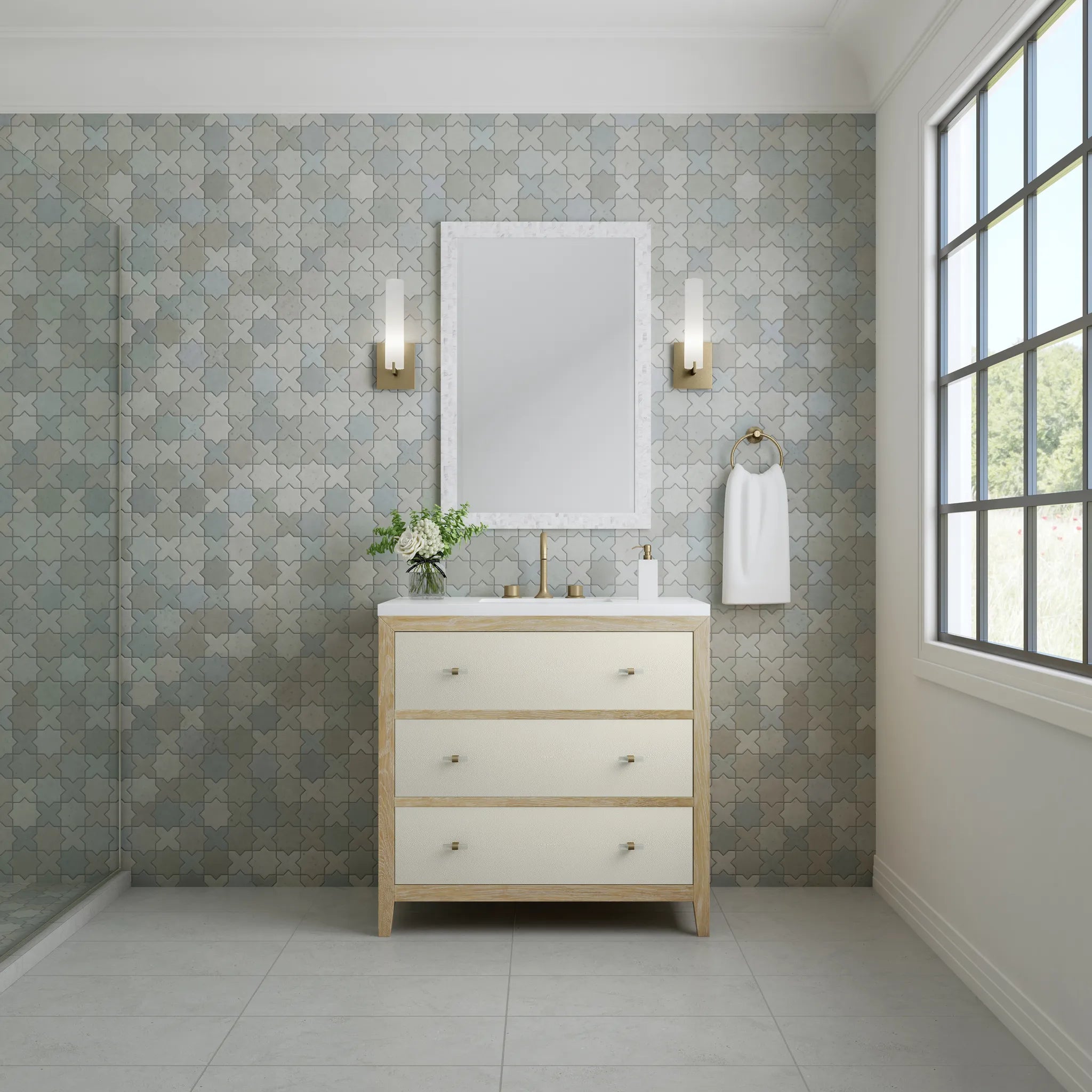 36" Celeste Single Vanity in Sunwashed Oak with Embossed Shagreen-White Zeus Silestone-8" Widespread image 2