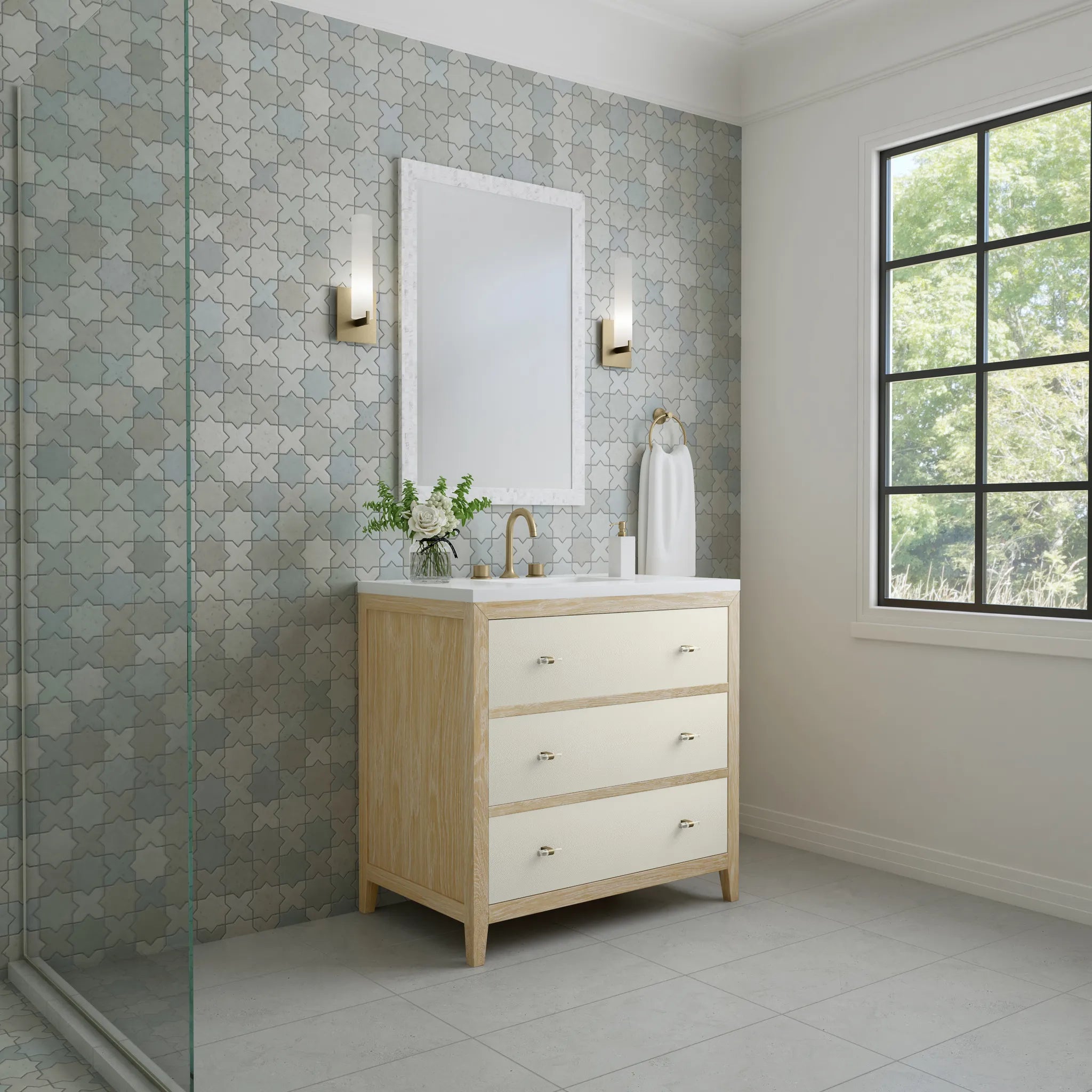 36" Celeste Single Vanity in Sunwashed Oak with Embossed Shagreen-White Zeus Silestone-8" Widespread image 3