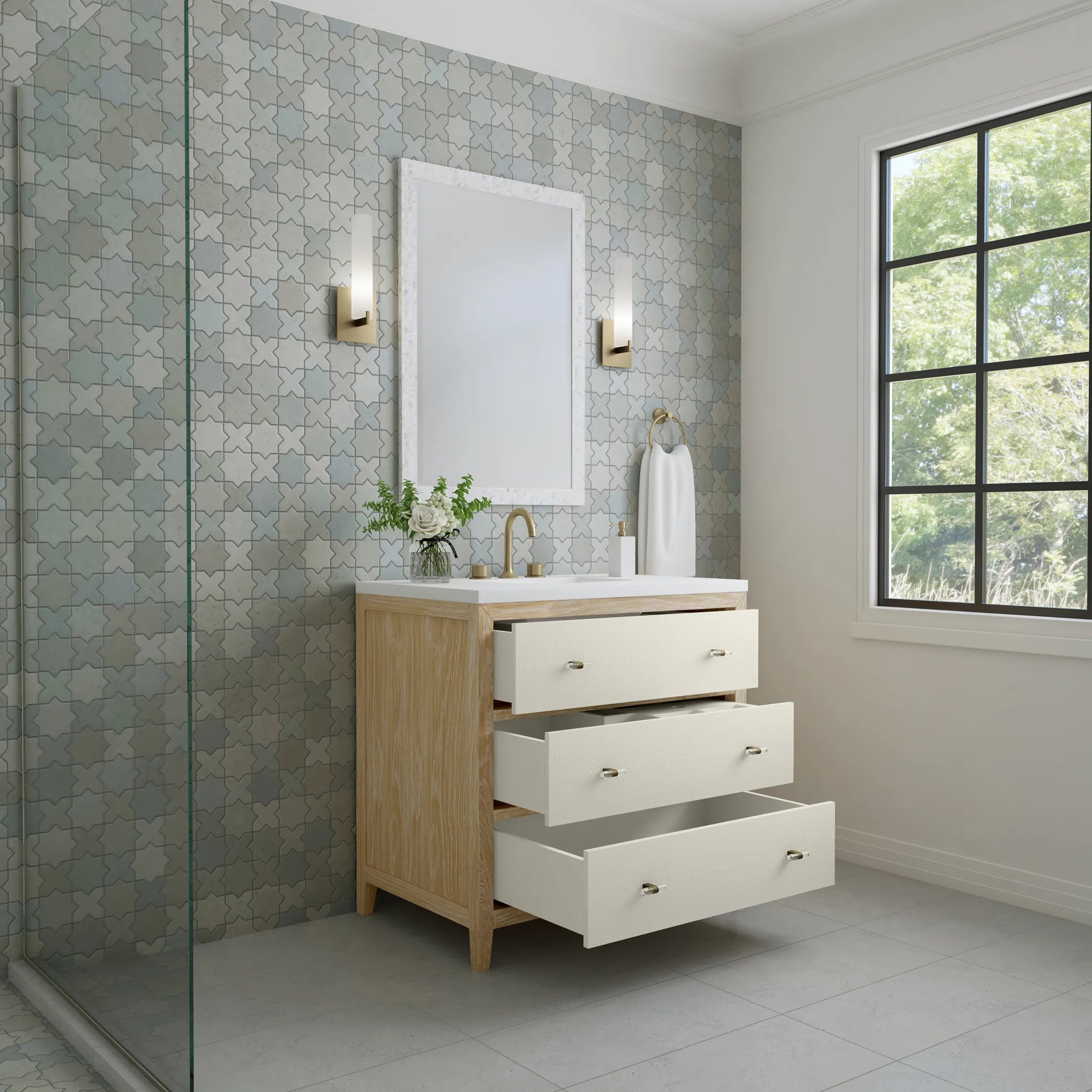 36" Celeste Single Vanity in Sunwashed Oak with Embossed Shagreen-White Zeus Silestone-8" Widespread image 4