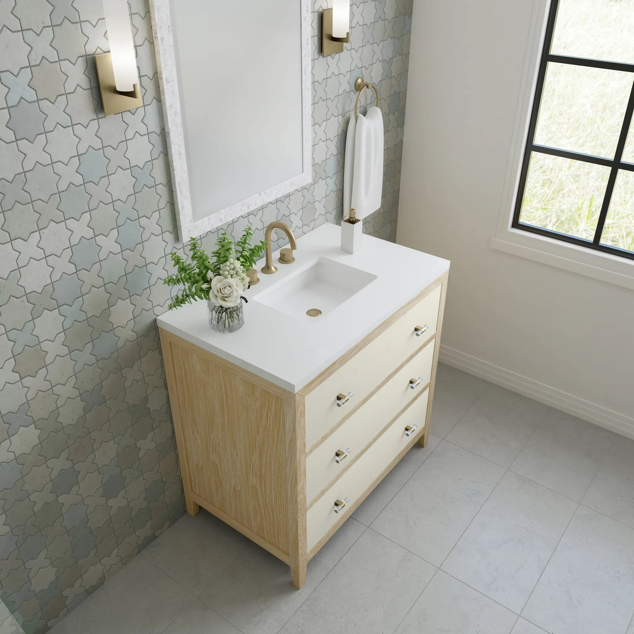 36" Celeste Single Vanity in Sunwashed Oak with Embossed Shagreen-White Zeus Silestone-8" Widespread image 6