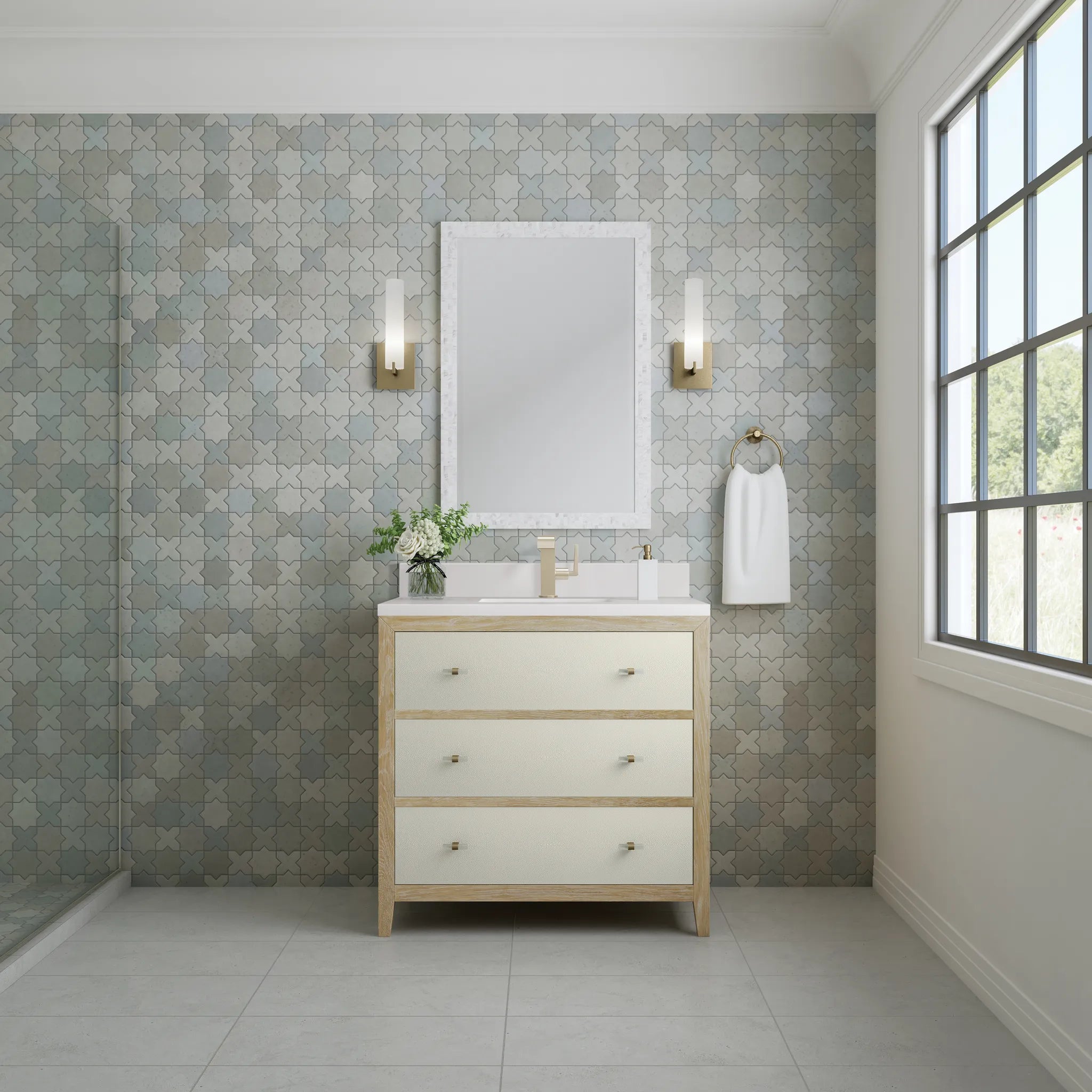 36" Celeste Single Vanity in Sunwashed Oak with Embossed Shagreen-White Zeus Silestone & Backsplash-Single Hole image 2
