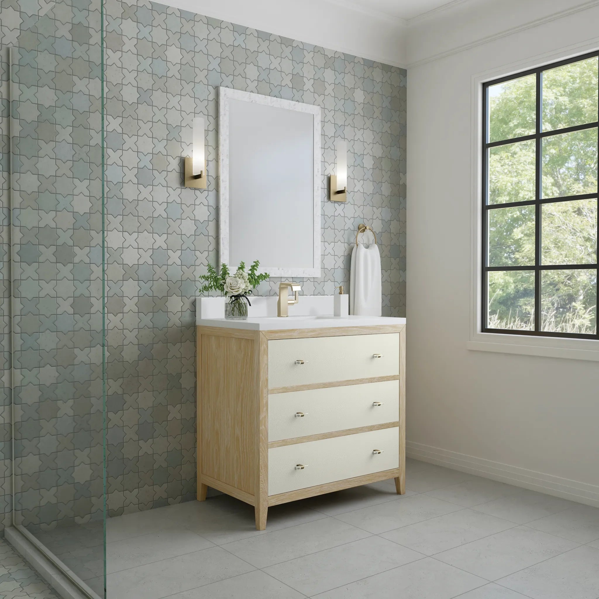 36" Celeste Single Vanity in Sunwashed Oak with Embossed Shagreen-White Zeus Silestone & Backsplash-Single Hole image 3