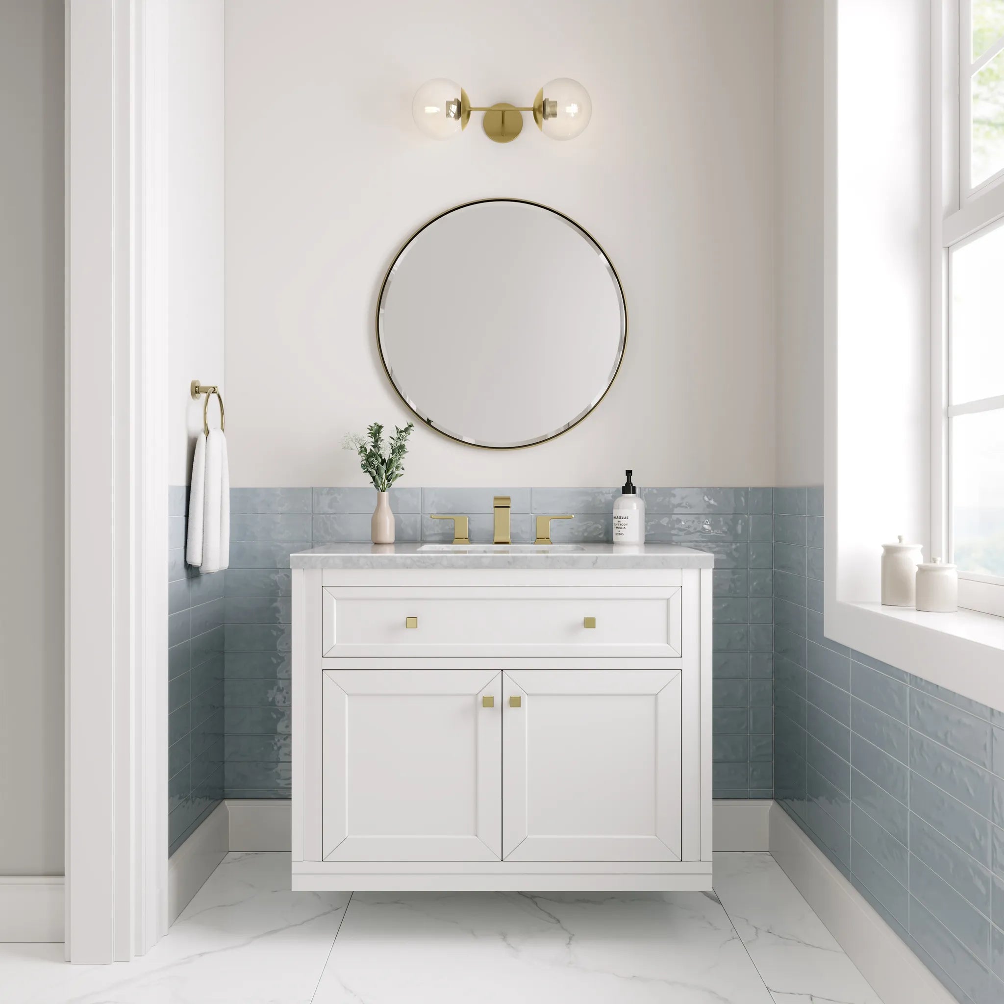 36" Chicago Single Vanity in Glossy White-Carrara White Marble-8" Widespread image 3