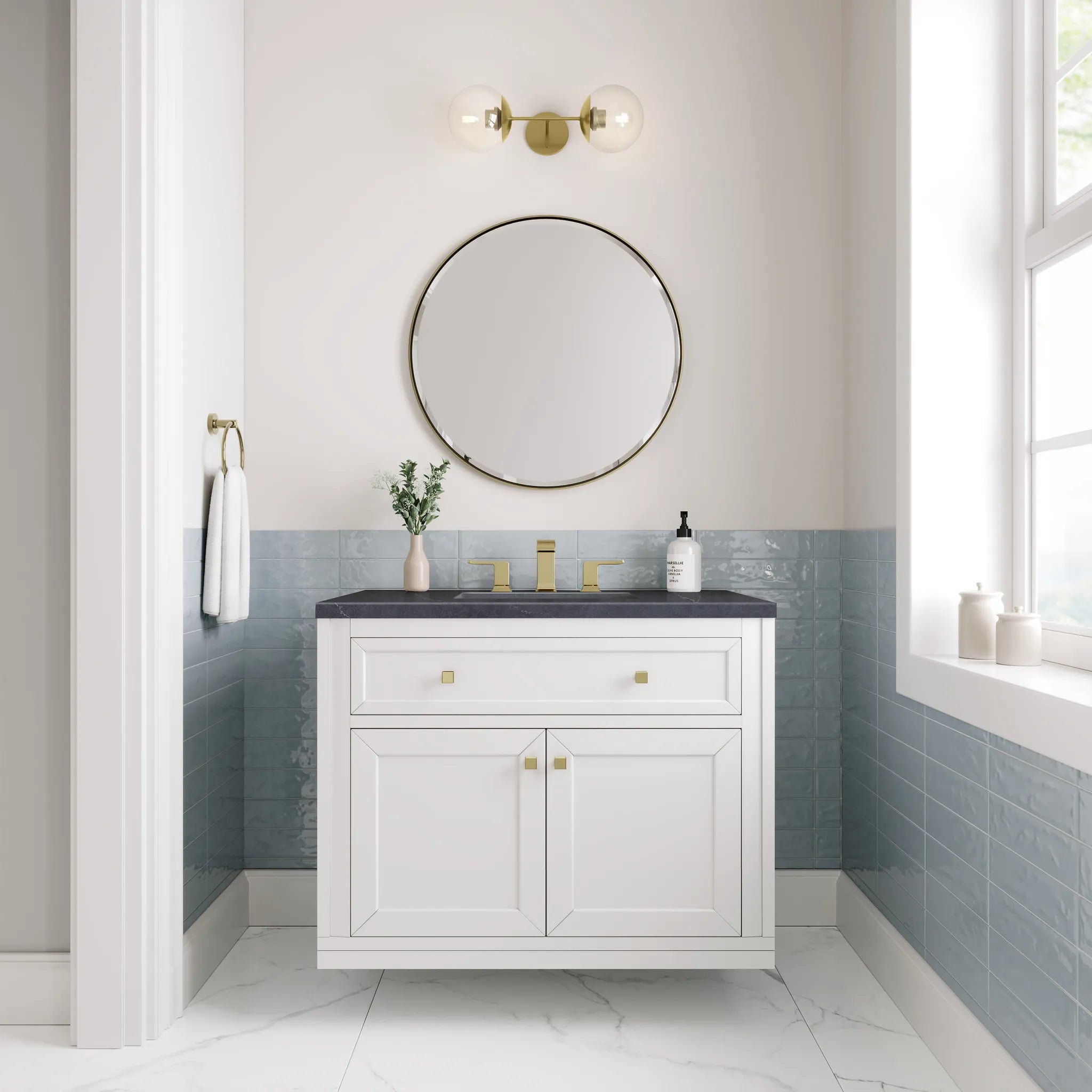 36" Chicago Single Vanity in Glossy White-Charcoal Soapstone Silestone-8" Widespread image 3