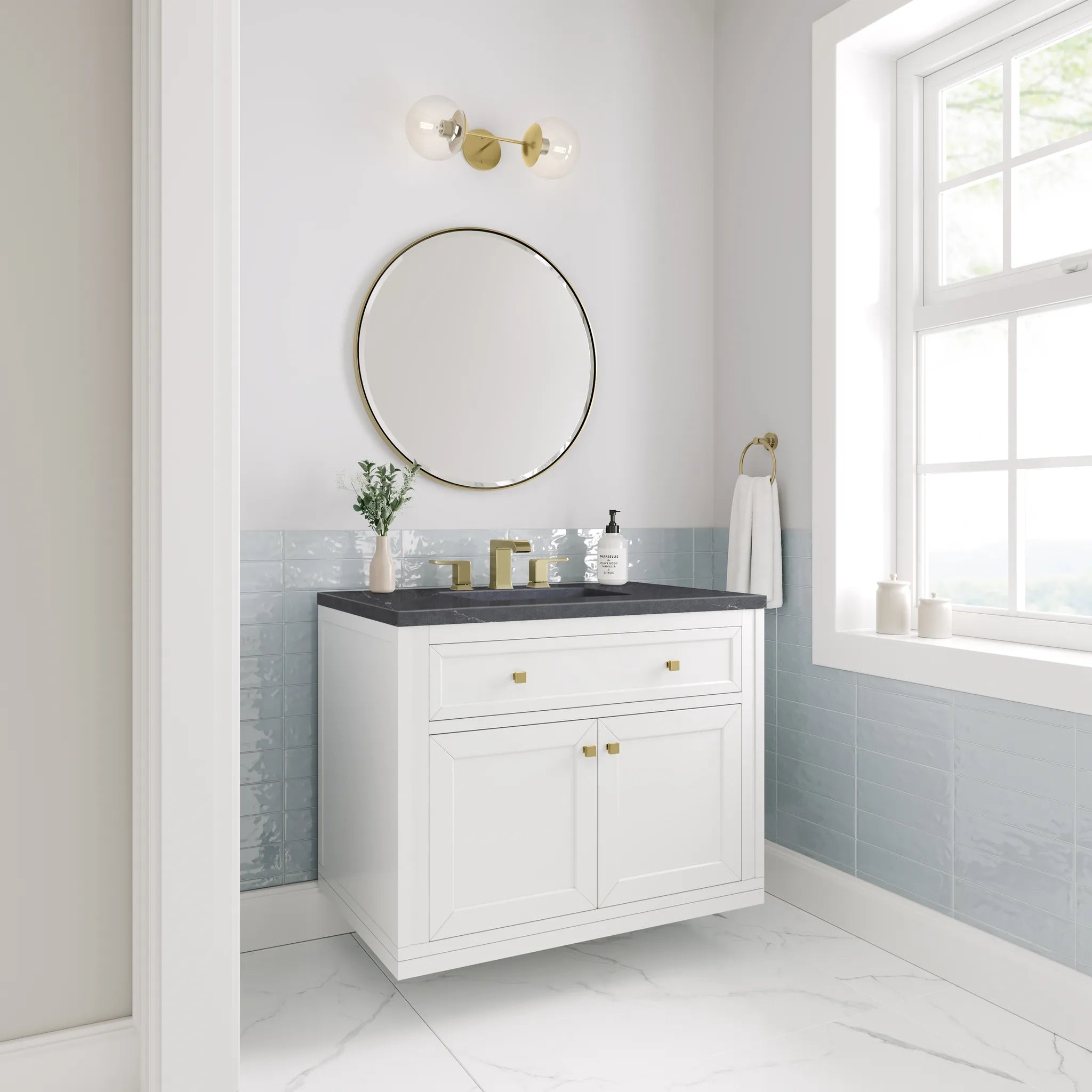 36" Chicago Single Vanity in Glossy White-Charcoal Soapstone Silestone-8" Widespread image 4