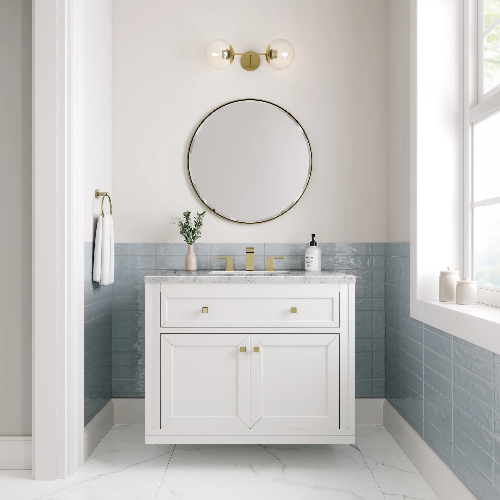 36" Chicago Single Vanity in Glossy White-Eternal Jasmine Pearl Silestone-8" Widespread image 3