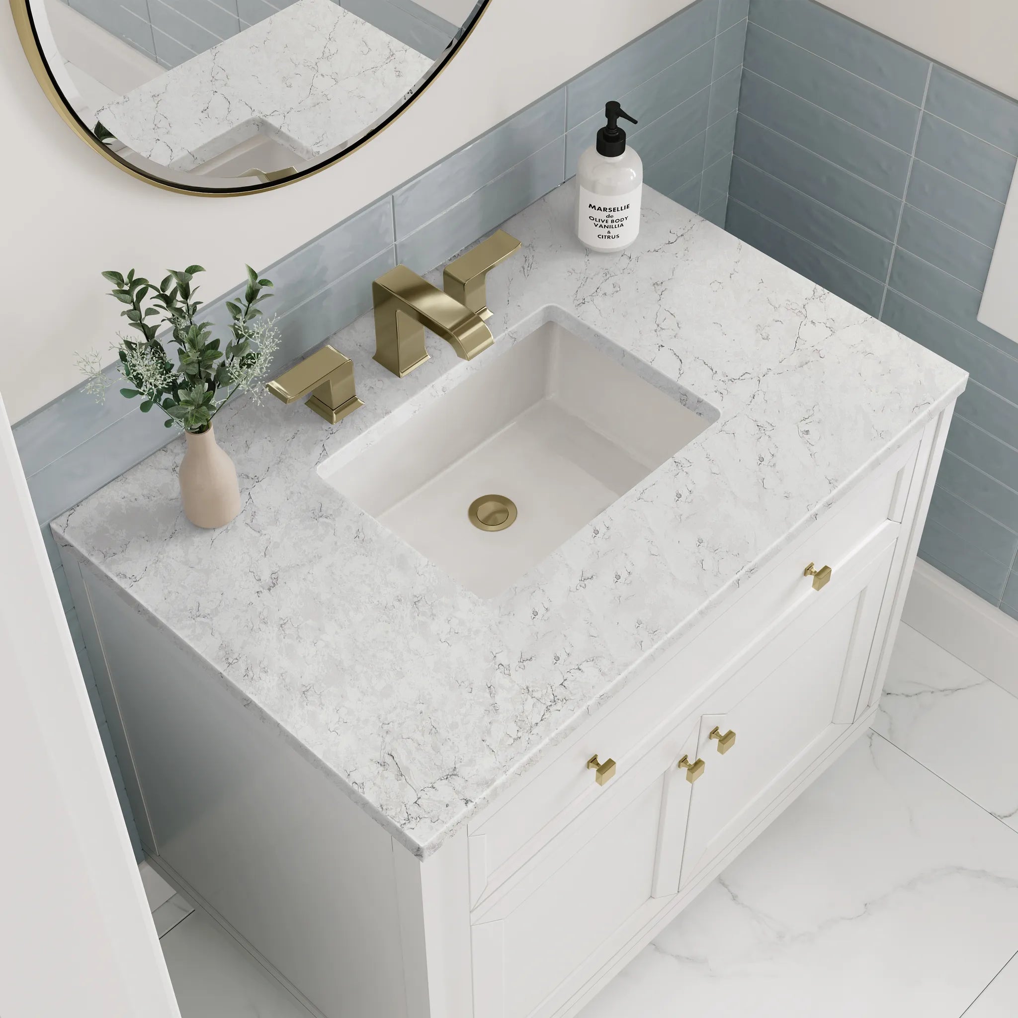 36" Chicago Single Vanity in Glossy White-Eternal Jasmine Pearl Silestone-8" Widespread image 7
