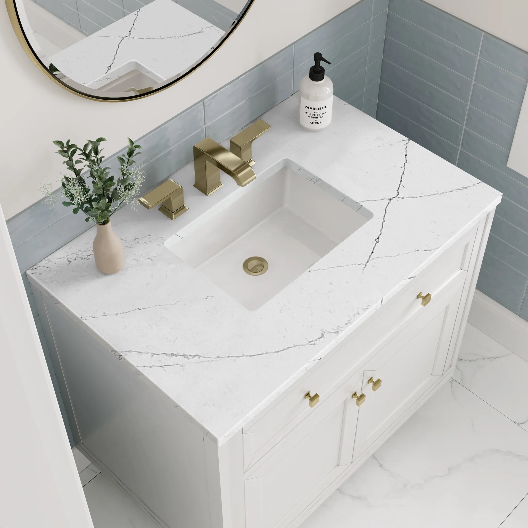 36" Chicago Single Vanity in Glossy White-Ethereal Noctis Silestone-8" Widespread image 7