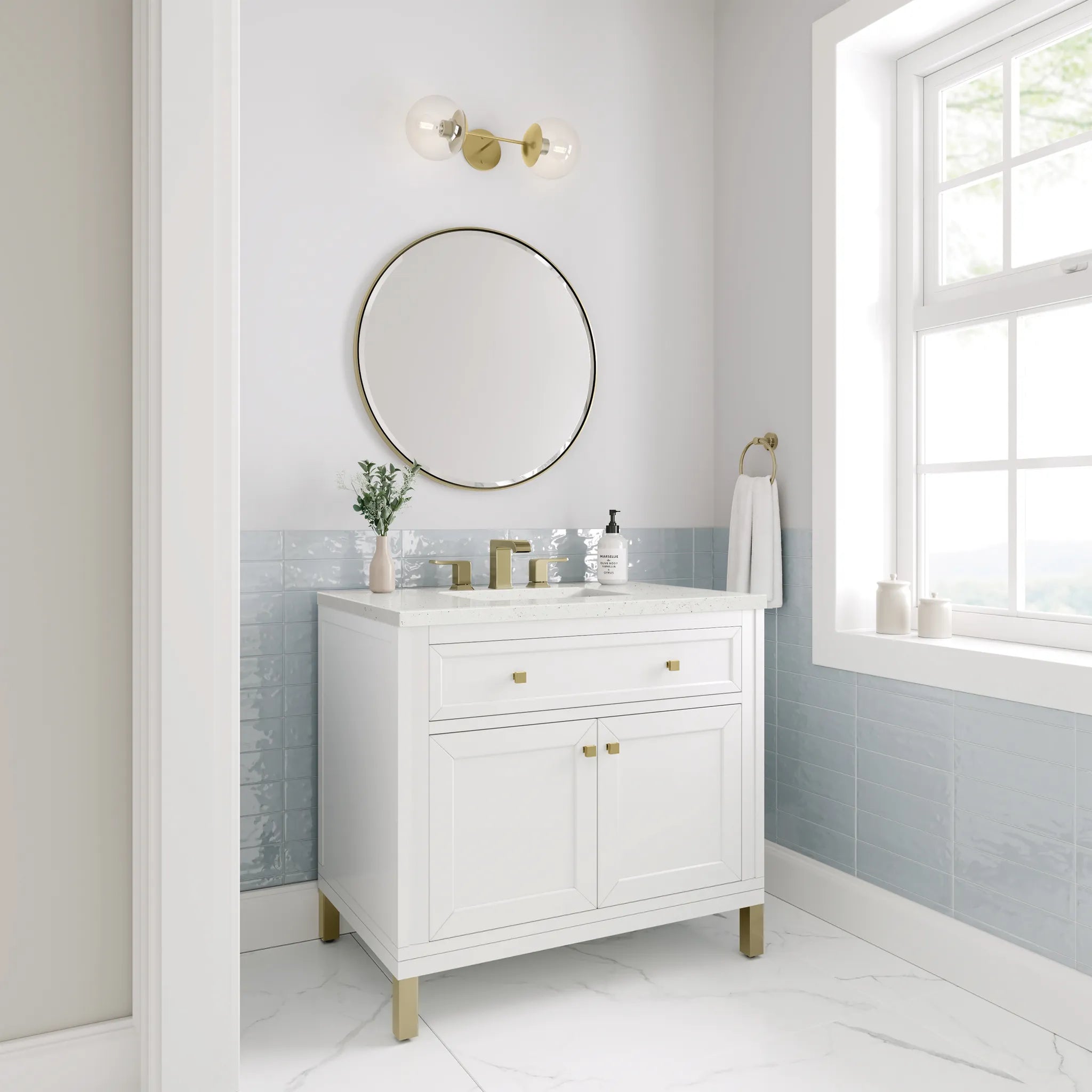 36" Chicago Single Vanity in Glossy White-Lime Delight Silestone-8" Widespread image 4