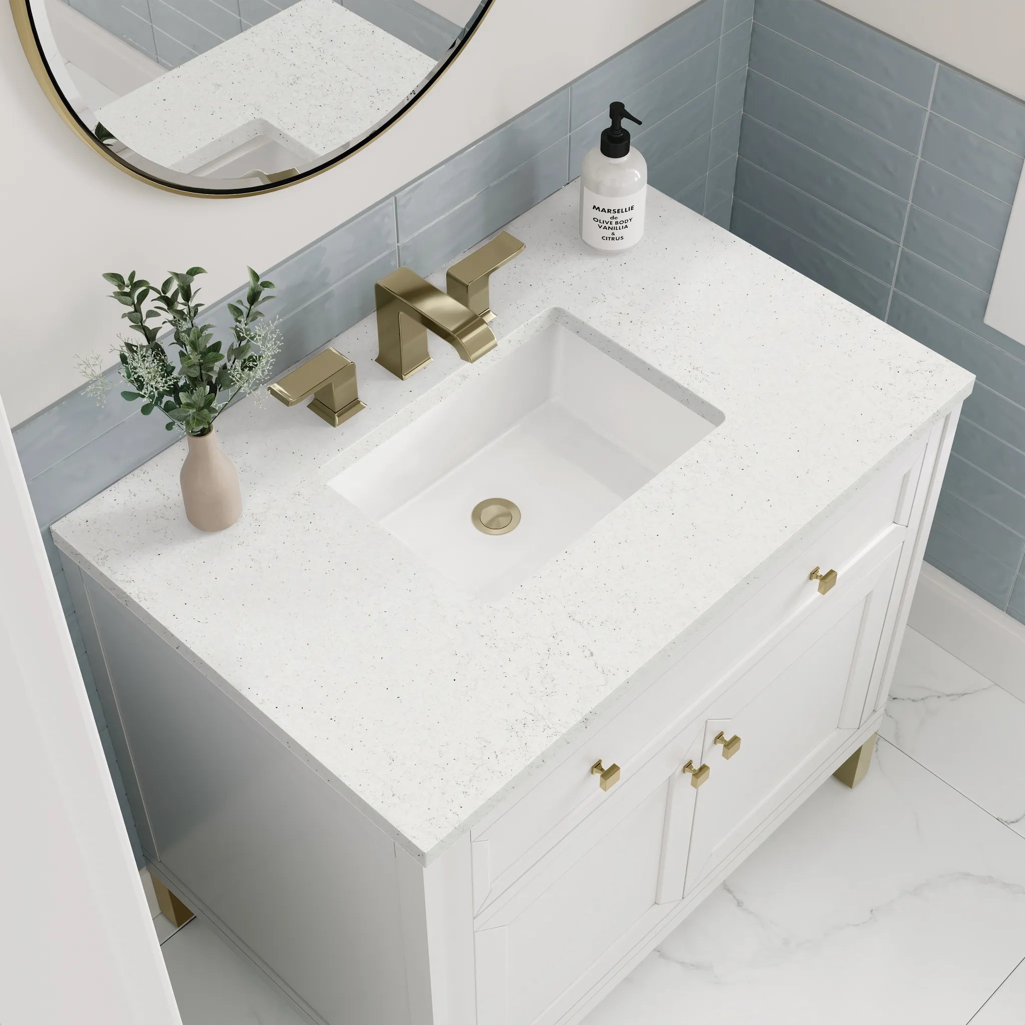 36" Chicago Single Vanity in Glossy White-Lime Delight Silestone-8" Widespread image 7