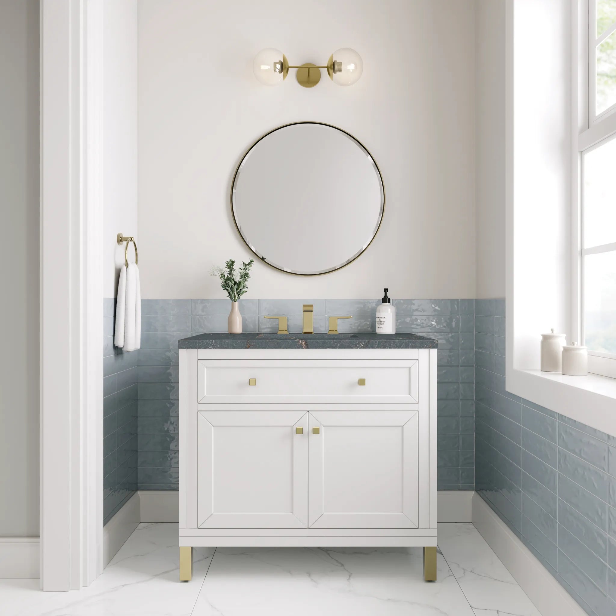 36" Chicago Single Vanity in Glossy White-Parisien Bleu Silestone-8" Widespread image 3