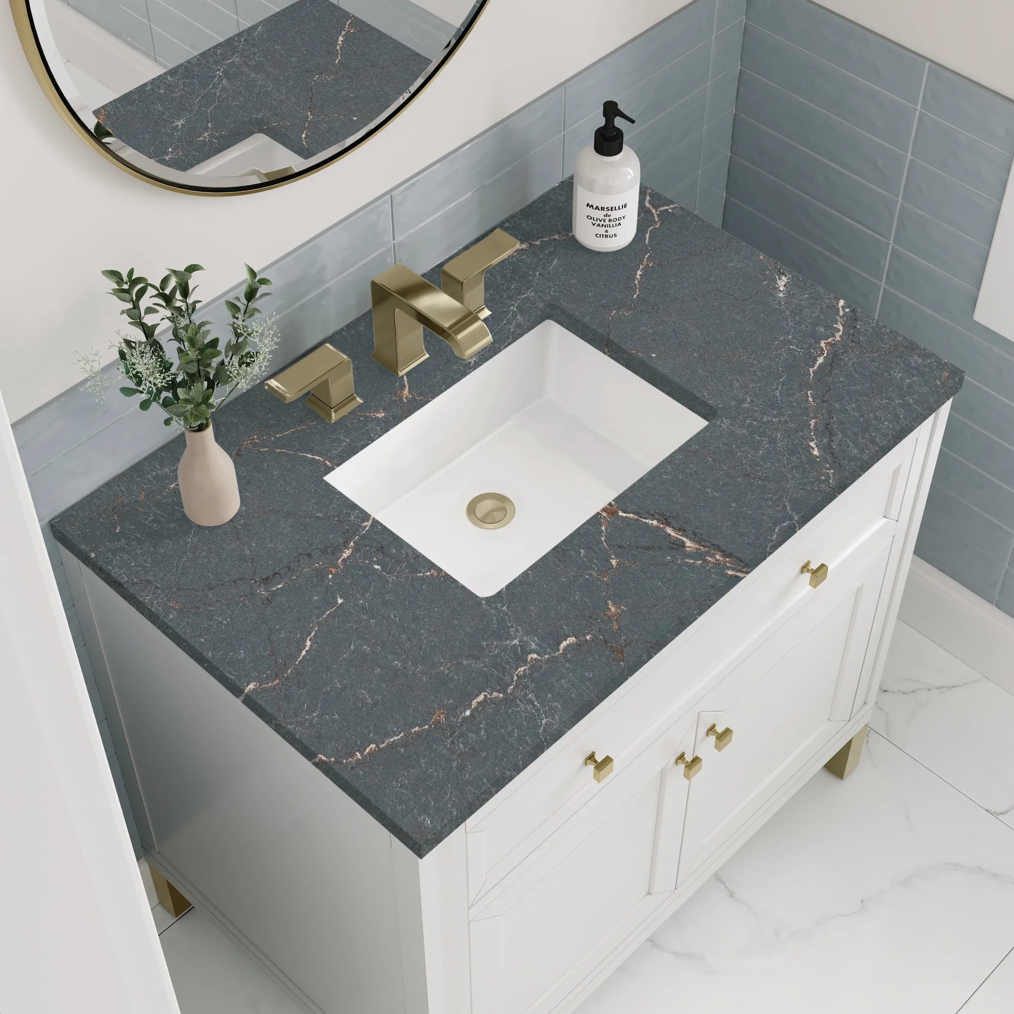 36" Chicago Single Vanity in Glossy White-Parisien Bleu Silestone-8" Widespread image 6
