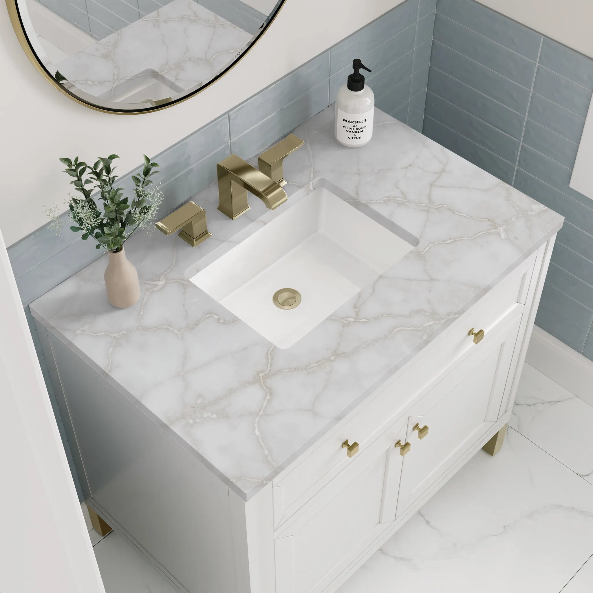 36" Chicago Single Vanity in Glossy White-Victorian Silver Silestone-8" Widespread image 7