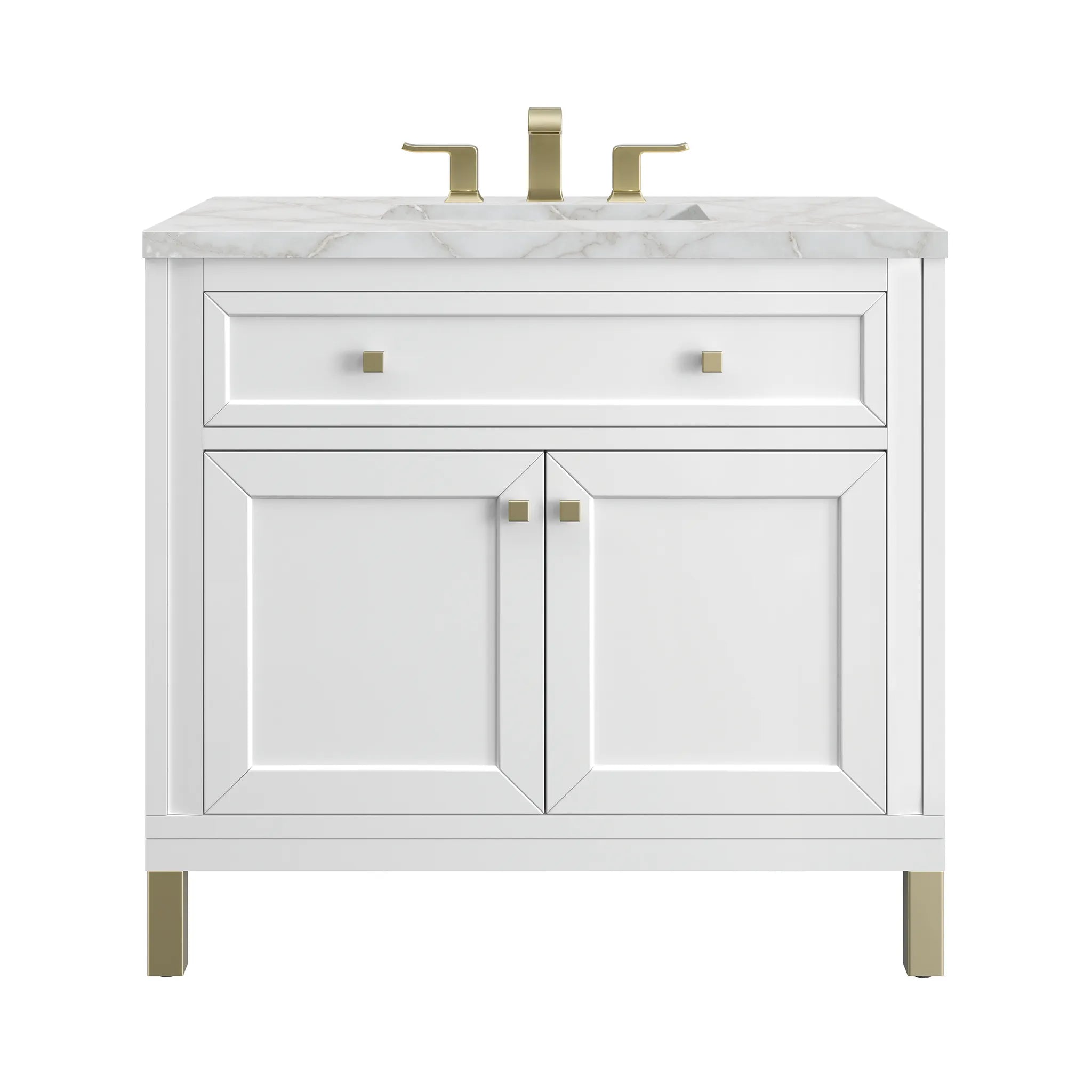 36" Chicago Single Vanity in Glossy White-Victorian Silver Silestone-8" Widespread image