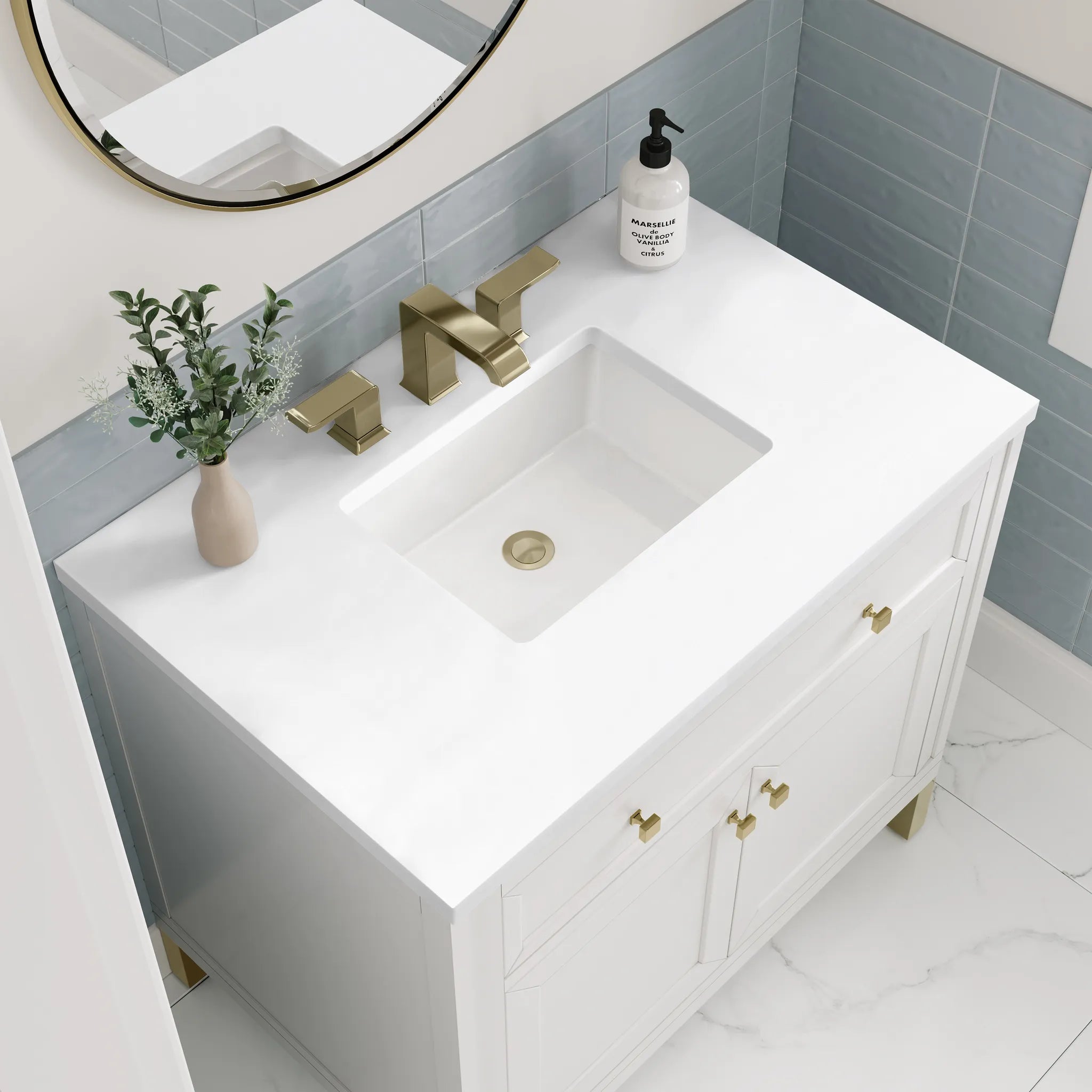 36" Chicago Single Vanity in Glossy White-White Zeus Silestone-8" Widespread image 10