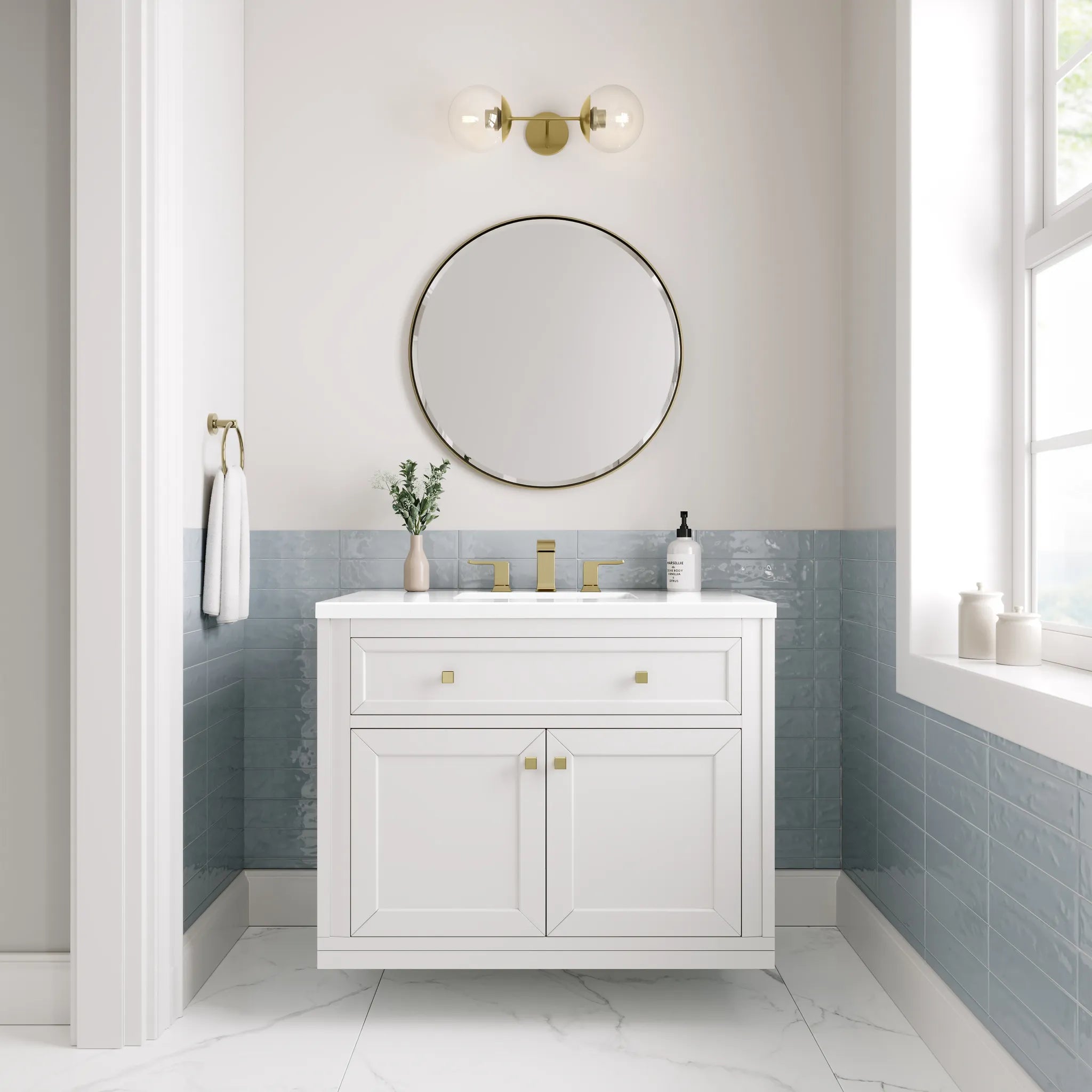 36" Chicago Single Vanity in Glossy White-White Zeus Silestone-8" Widespread image 6