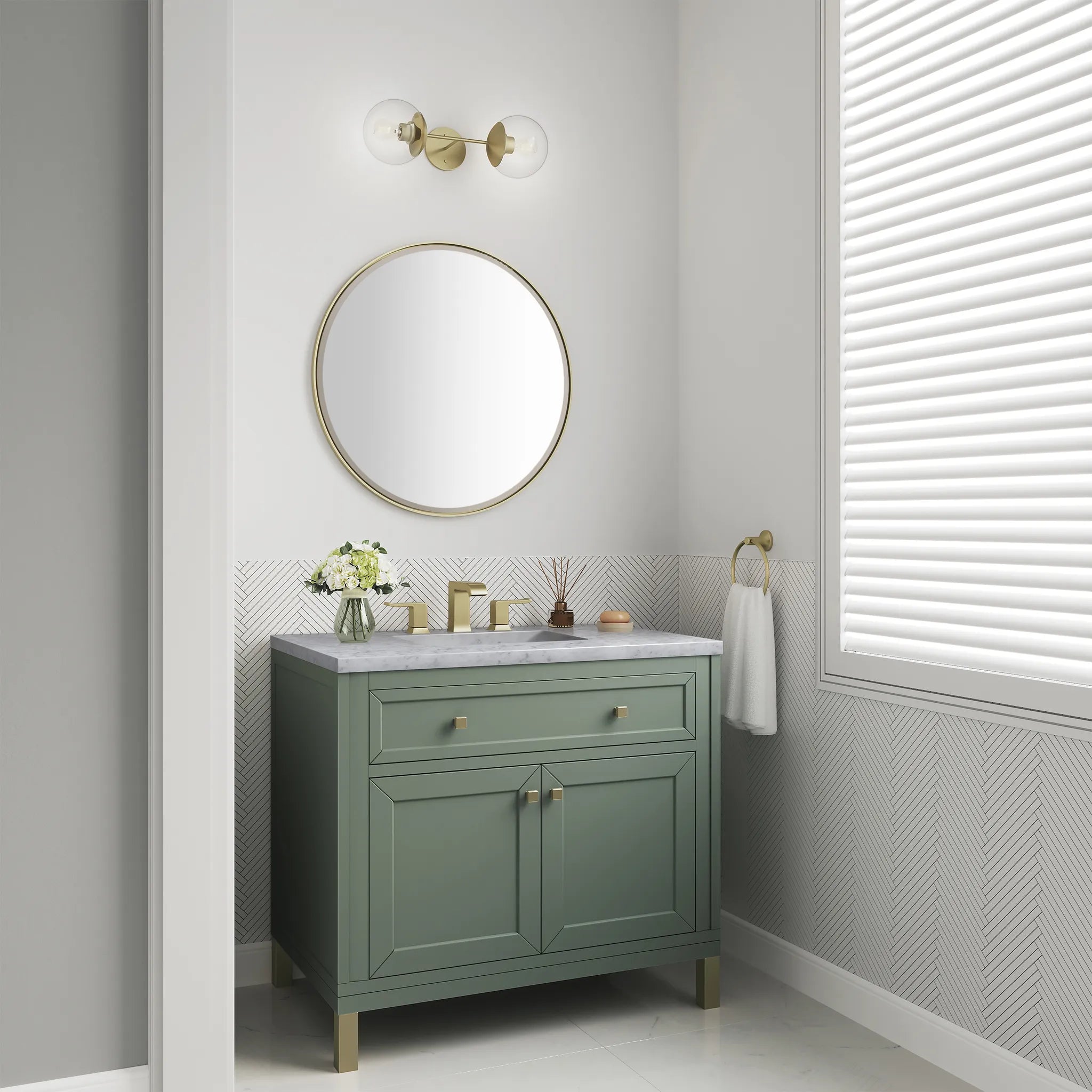 36" Chicago Single Vanity in Smokey Celadon-Carrara White Marble-8" Widespread image 6