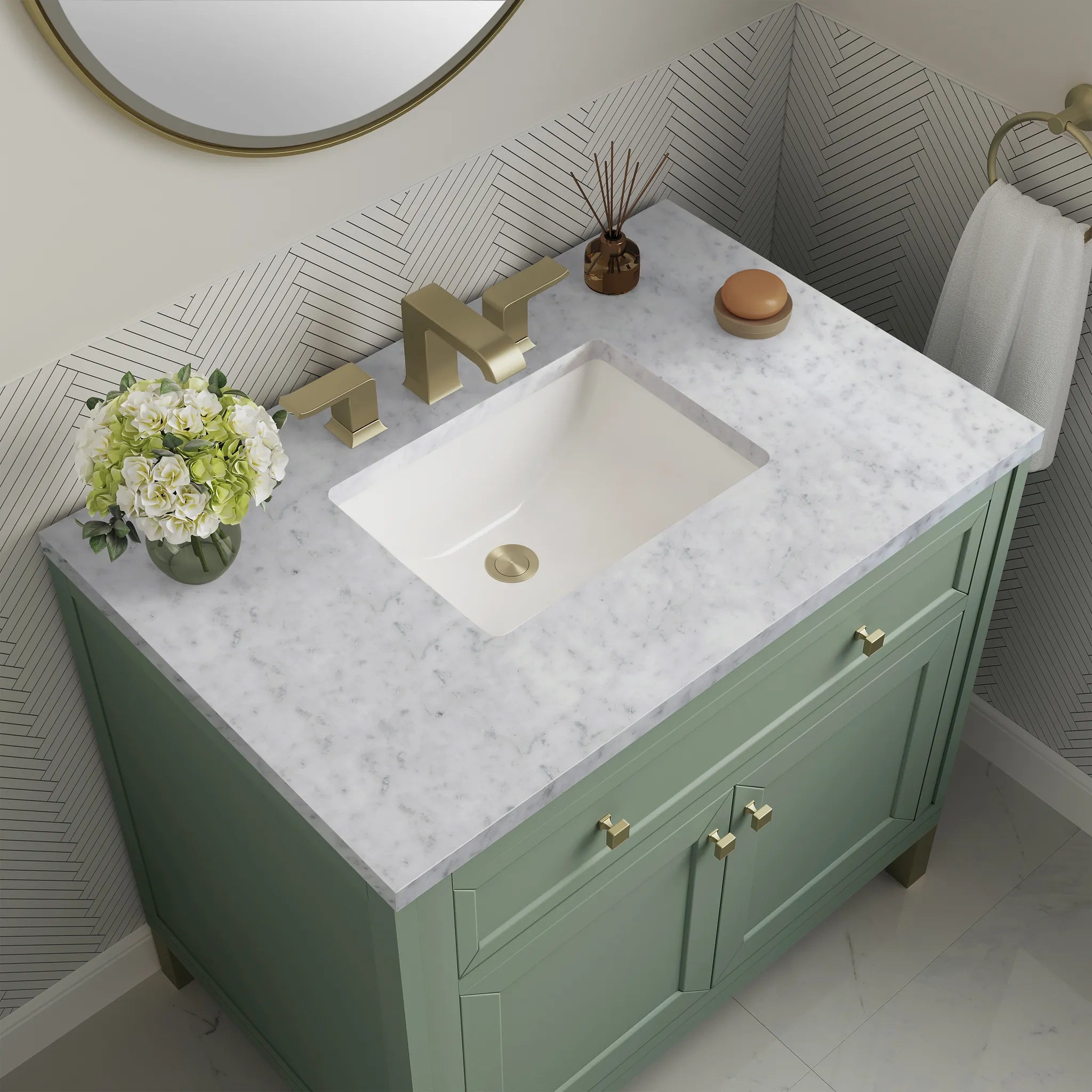 36" Chicago Single Vanity in Smokey Celadon-Carrara White Marble-8" Widespread image 9