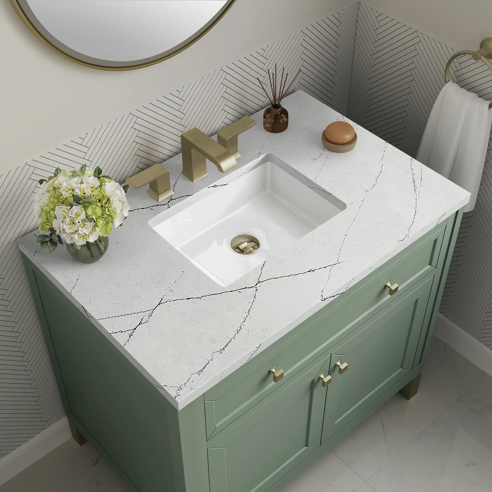 36" Chicago Single Vanity in Smokey Celadon-Ethereal Noctis Silestone-8" Widespread image 8