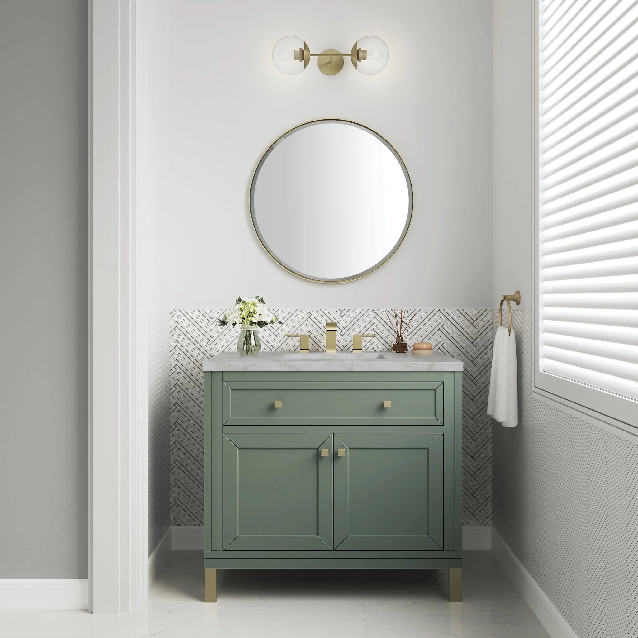 36" Chicago Single Vanity in Smokey Celadon-Victorian Silver Silestone-8" Widespread image 3
