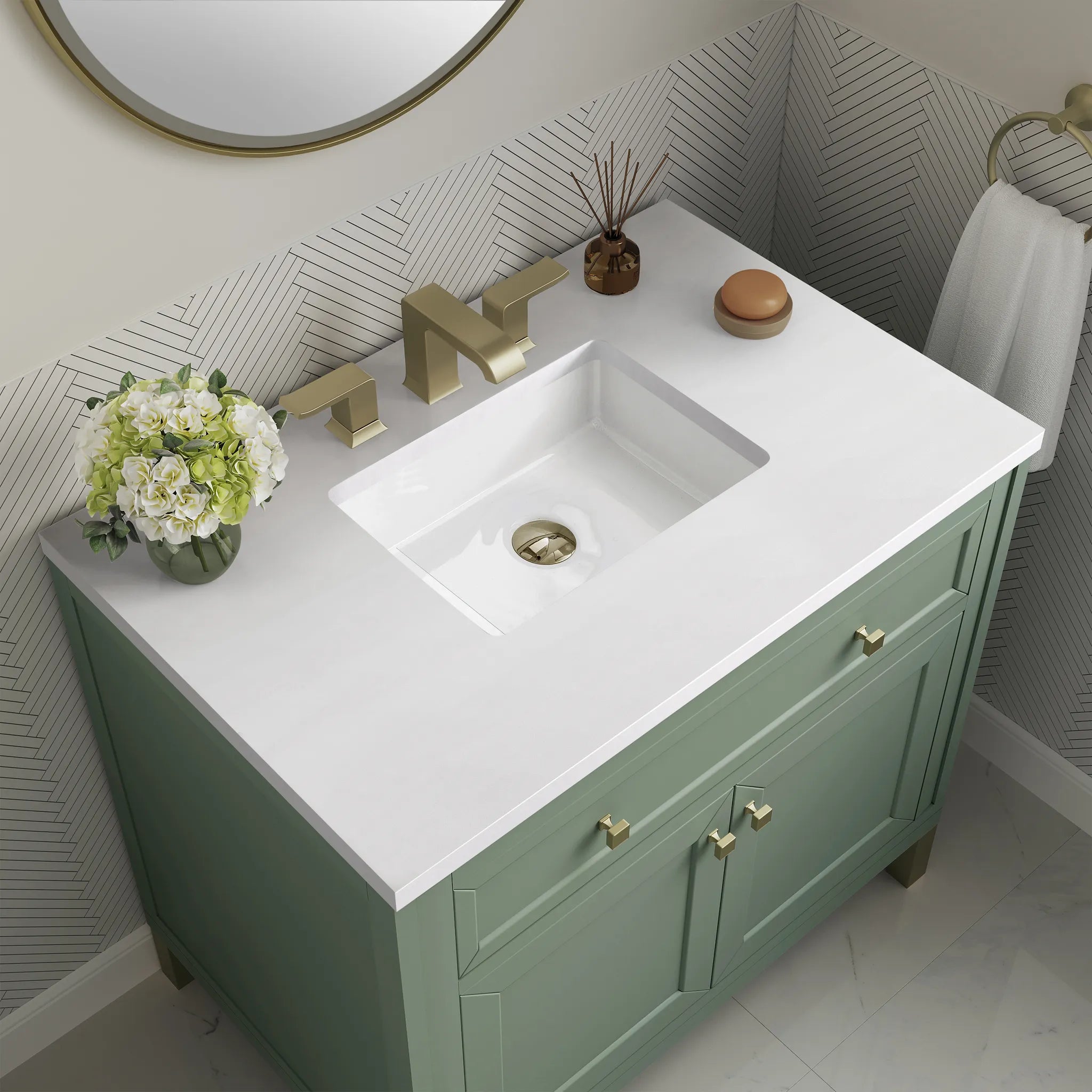 36" Chicago Single Vanity in Smokey Celadon-White Zeus Silestone-8" Widespread image 8