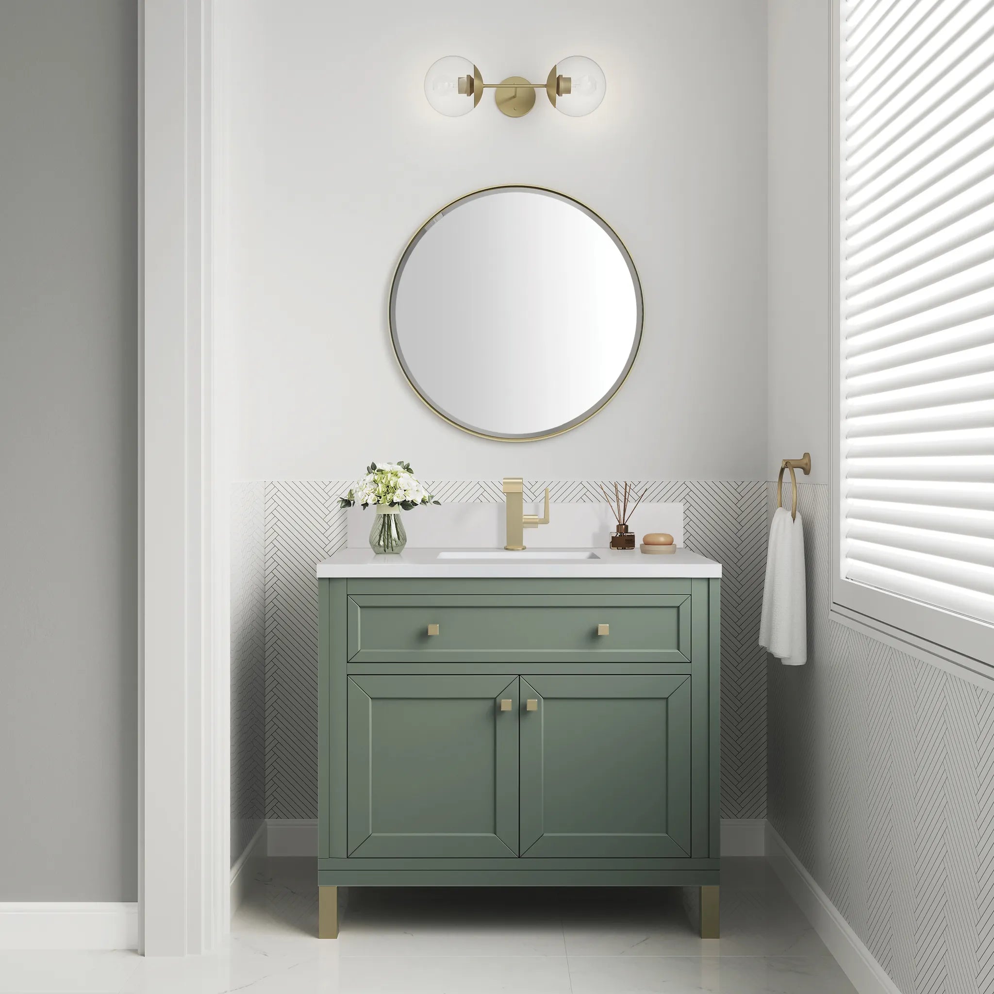 36" Chicago Single Vanity in Smokey Celadon-White Zeus Silestone & Backsplash-Single Hole image 3