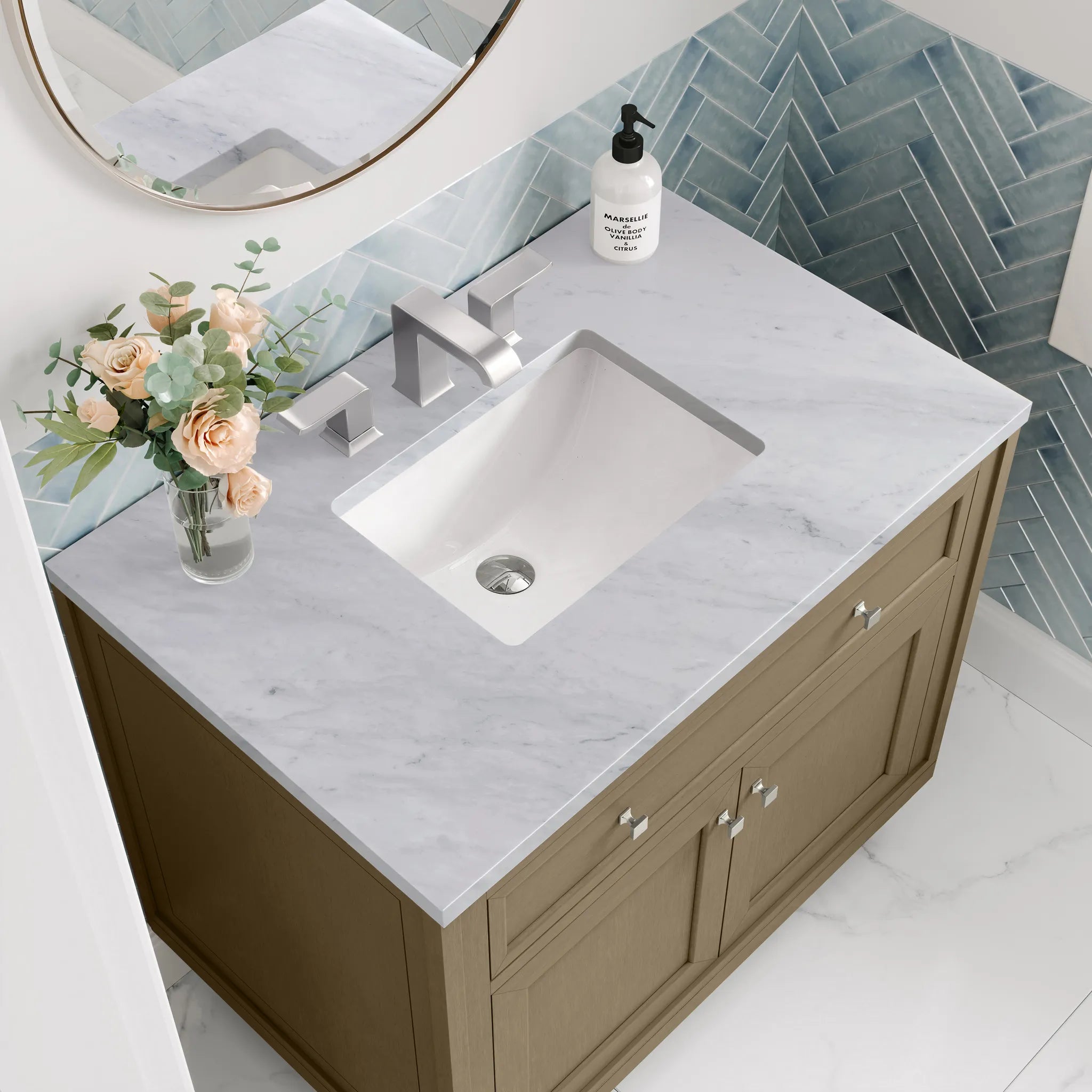 36" Chicago Single Vanity in Walnut Whisper-Carrara White Marble-8" Widespread image 12