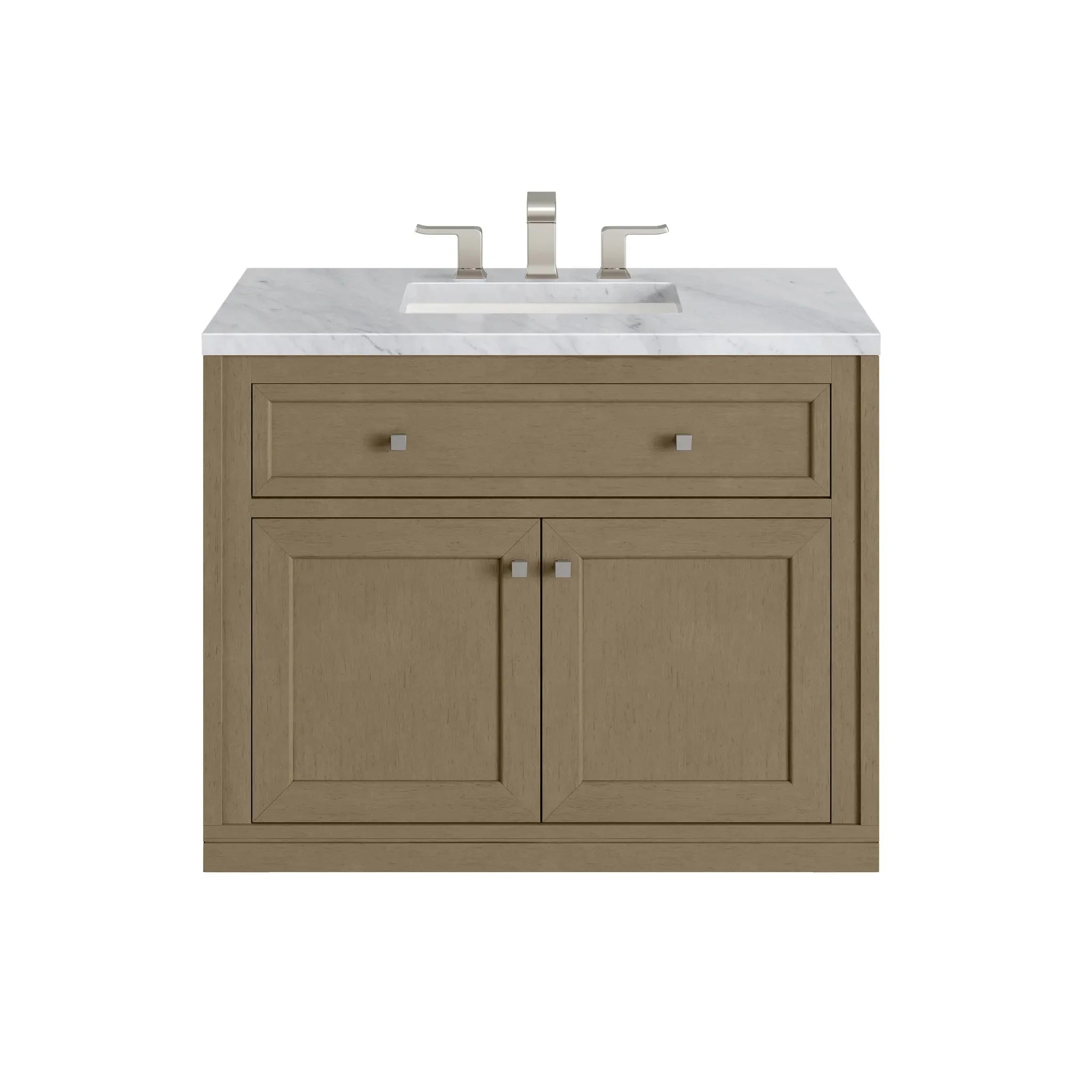 36" Chicago Single Vanity in Walnut Whisper-Carrara White Marble-8" Widespread image 2