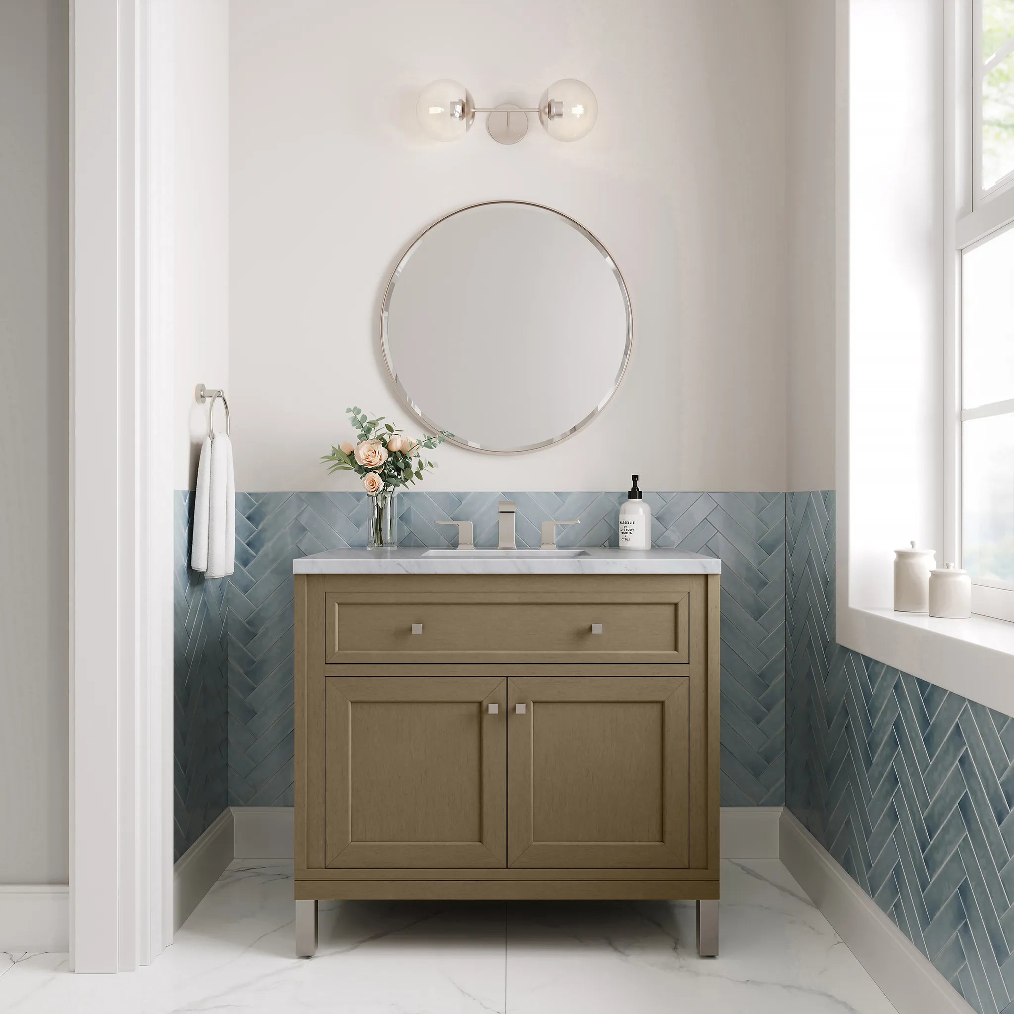 36" Chicago Single Vanity in Walnut Whisper-Carrara White Marble-8" Widespread image 4