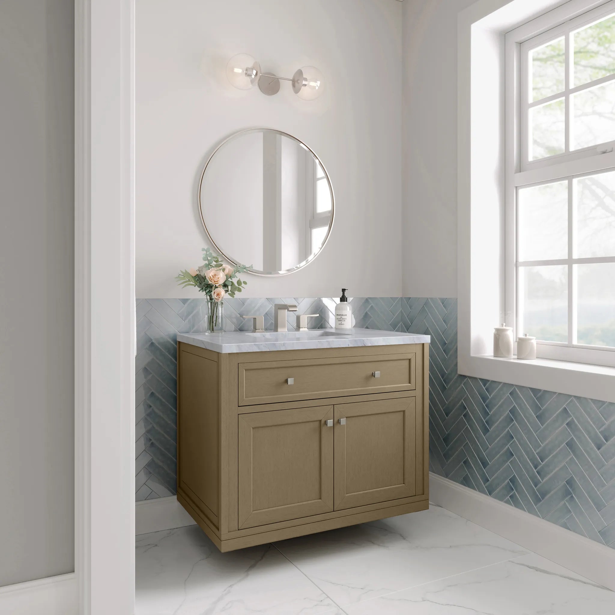 36" Chicago Single Vanity in Walnut Whisper-Carrara White Marble-8" Widespread image 7