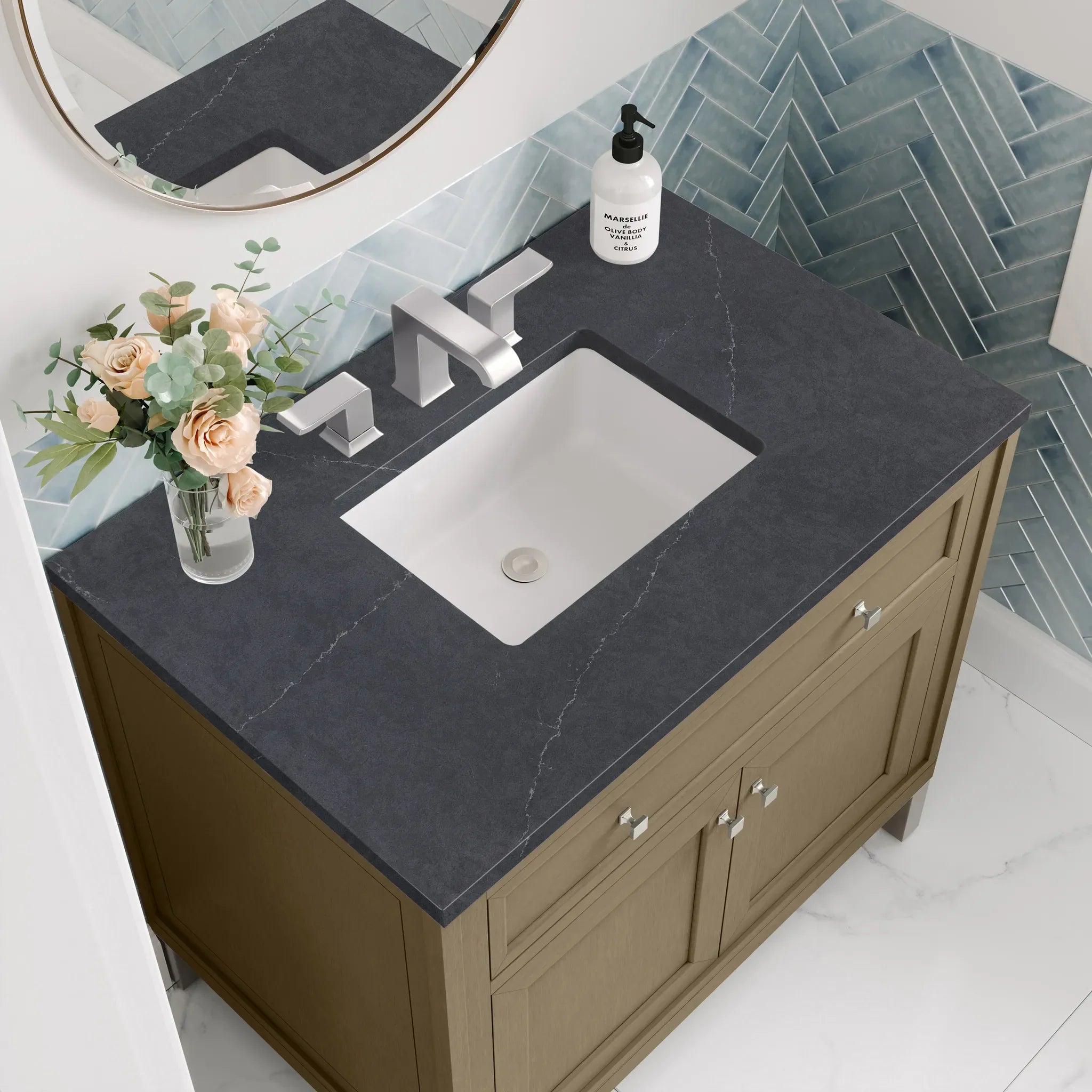 36" Chicago Single Vanity in Walnut Whisper-Charcoal Soapstone Silestone-8" Widespread image 11