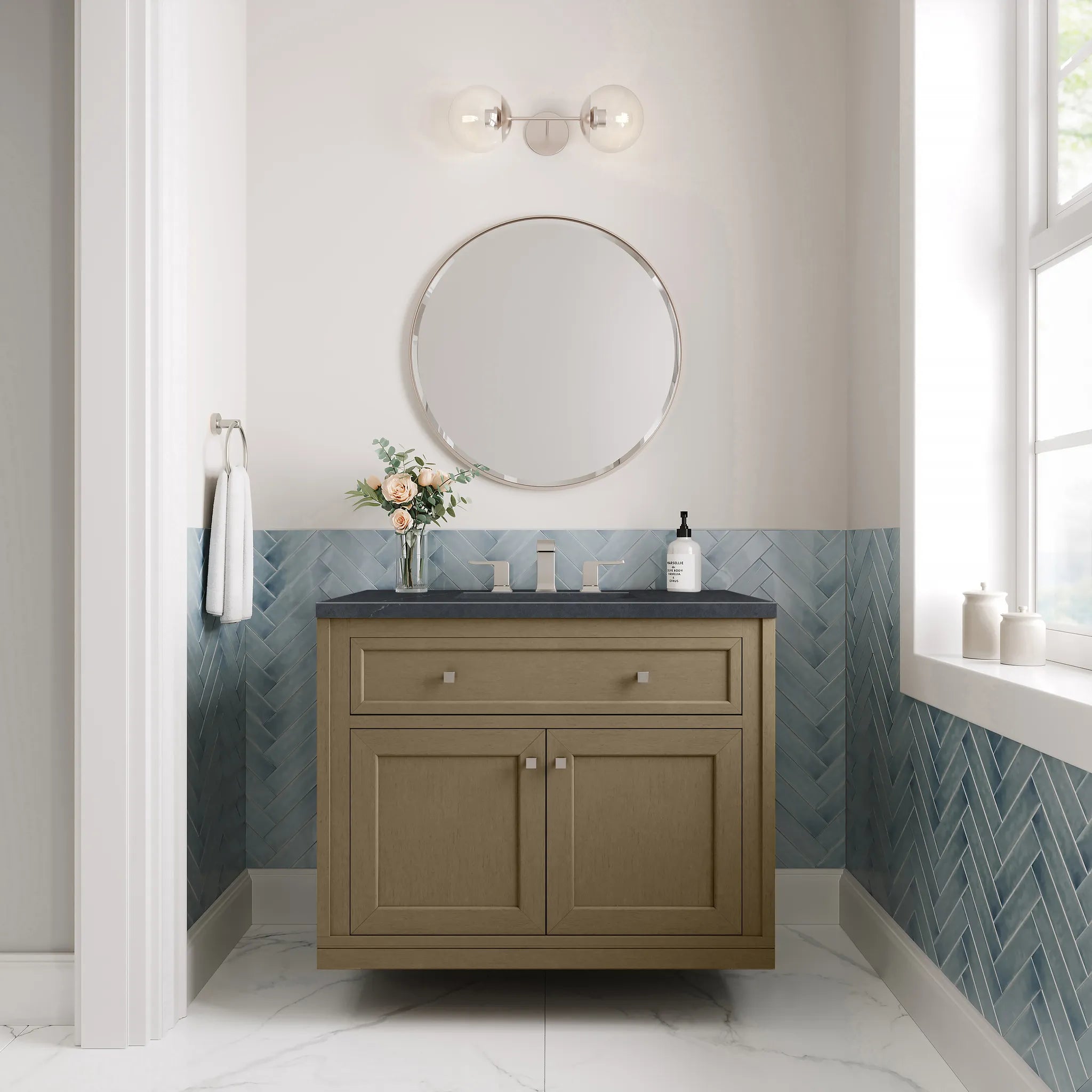 36" Chicago Single Vanity in Walnut Whisper-Charcoal Soapstone Silestone-8" Widespread image 5