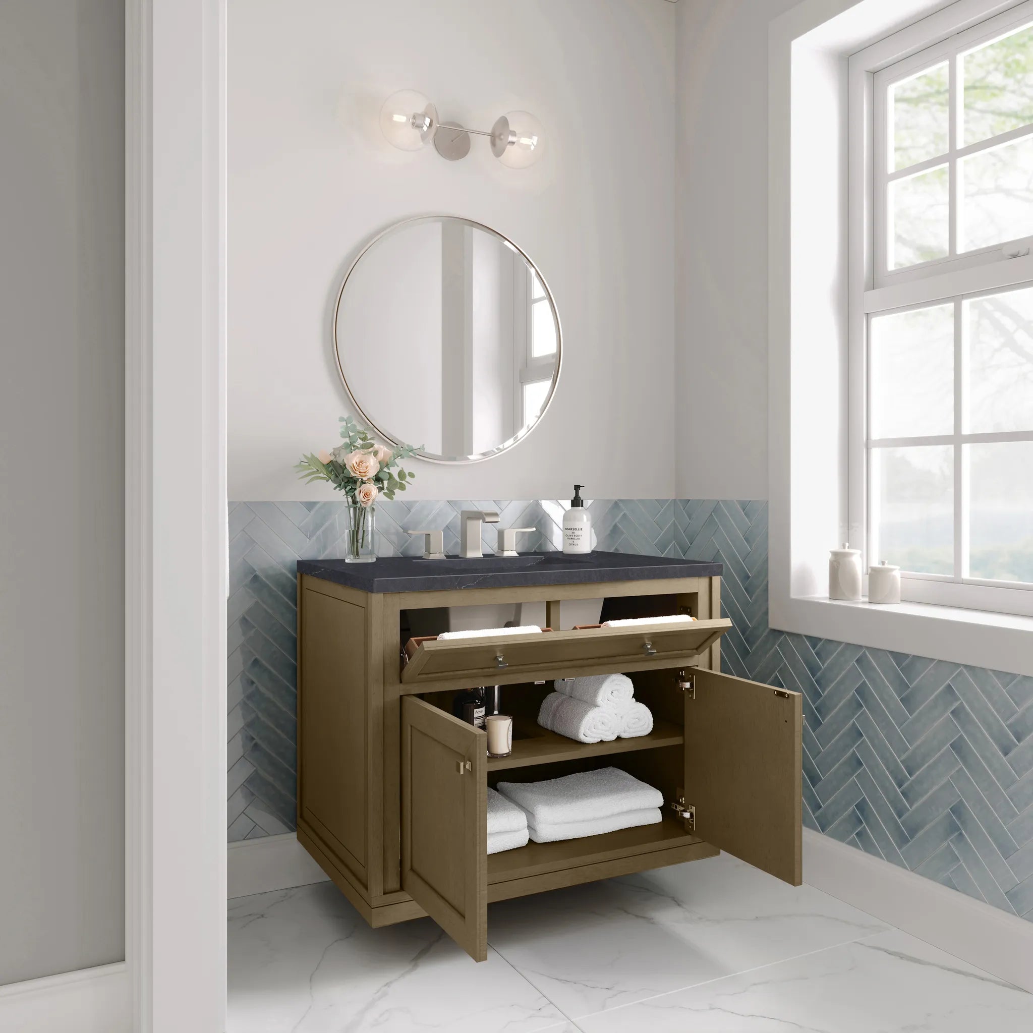 36" Chicago Single Vanity in Walnut Whisper-Charcoal Soapstone Silestone-8" Widespread image 9
