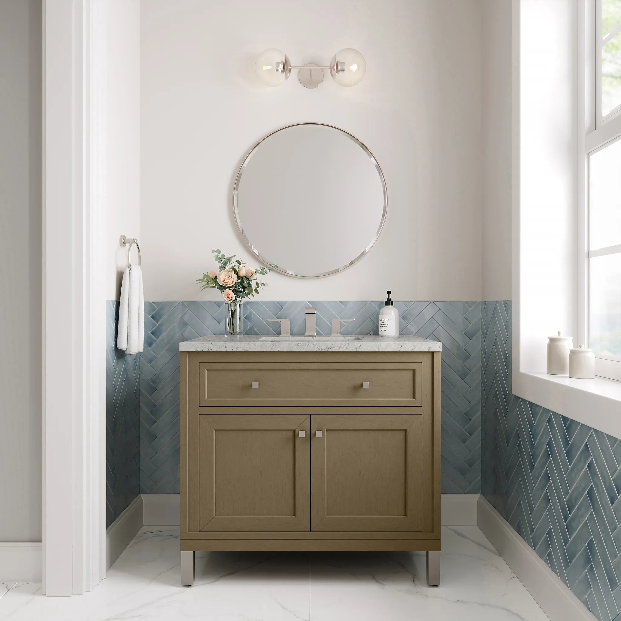 36" Chicago Single Vanity in Walnut Whisper-Eternal Jasmine Pearl Silestone-8" Widespread image 4
