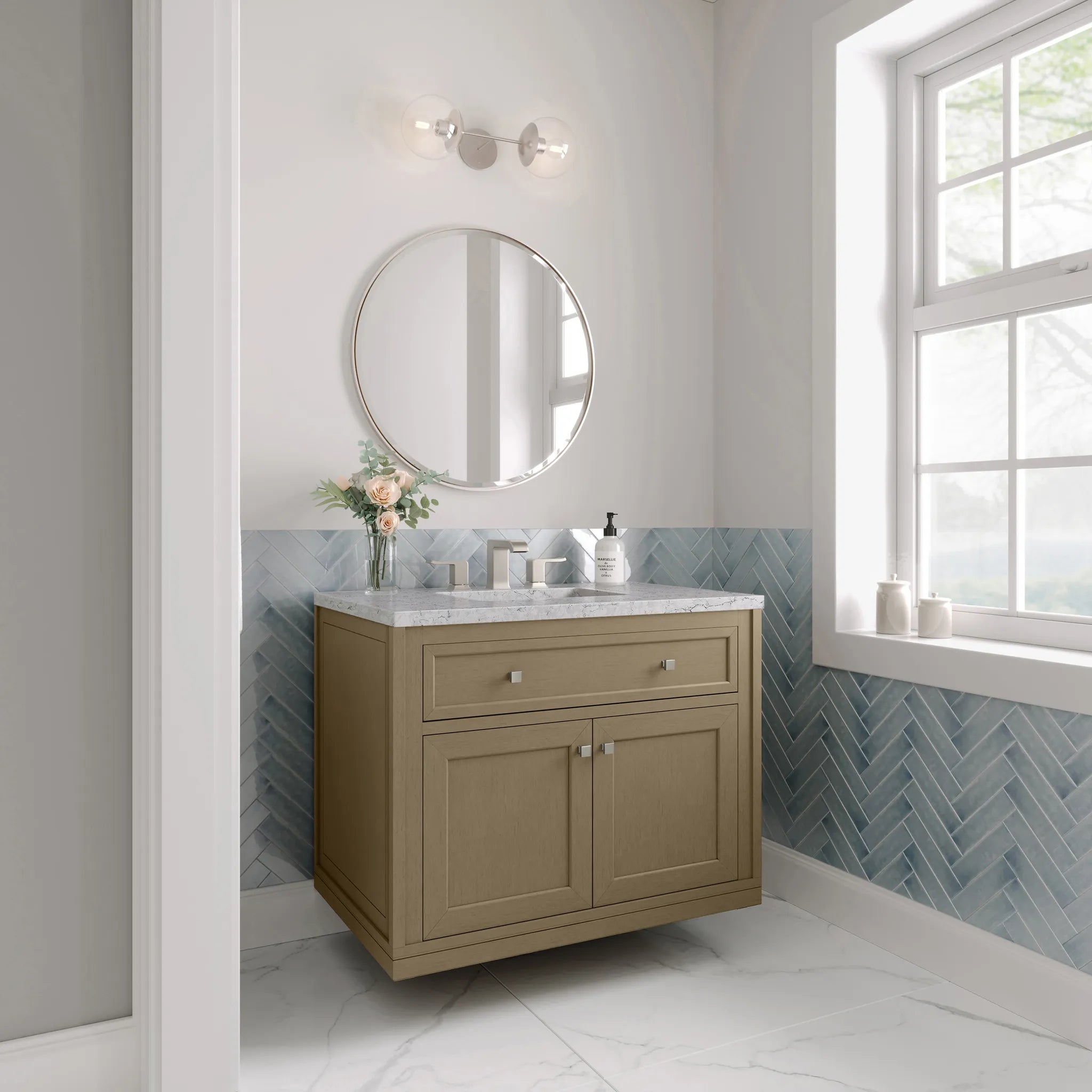 36" Chicago Single Vanity in Walnut Whisper-Eternal Jasmine Pearl Silestone-8" Widespread image 7