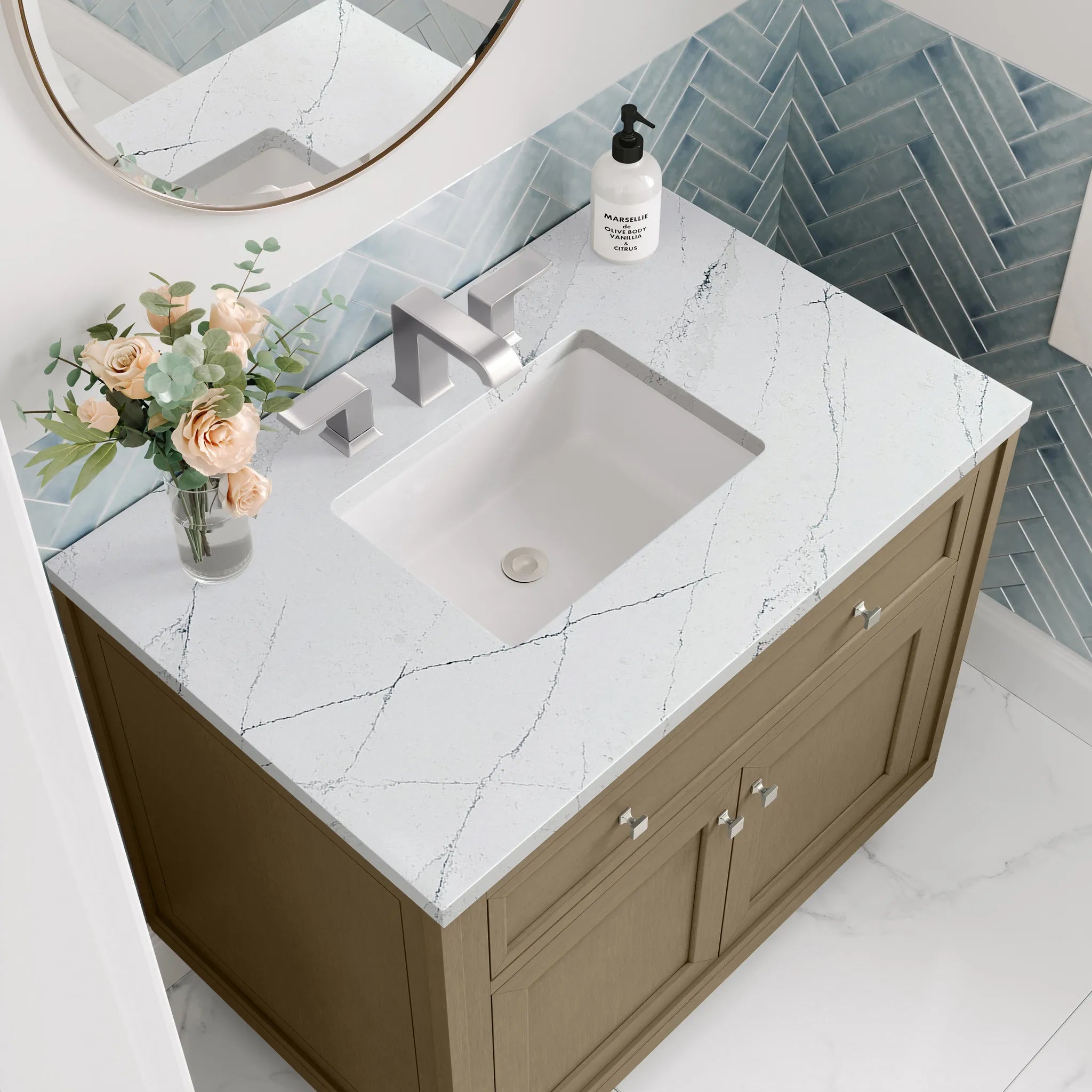 36" Chicago Single Vanity in Walnut Whisper-Ethereal Noctis Silestone-8" Widespread image 12