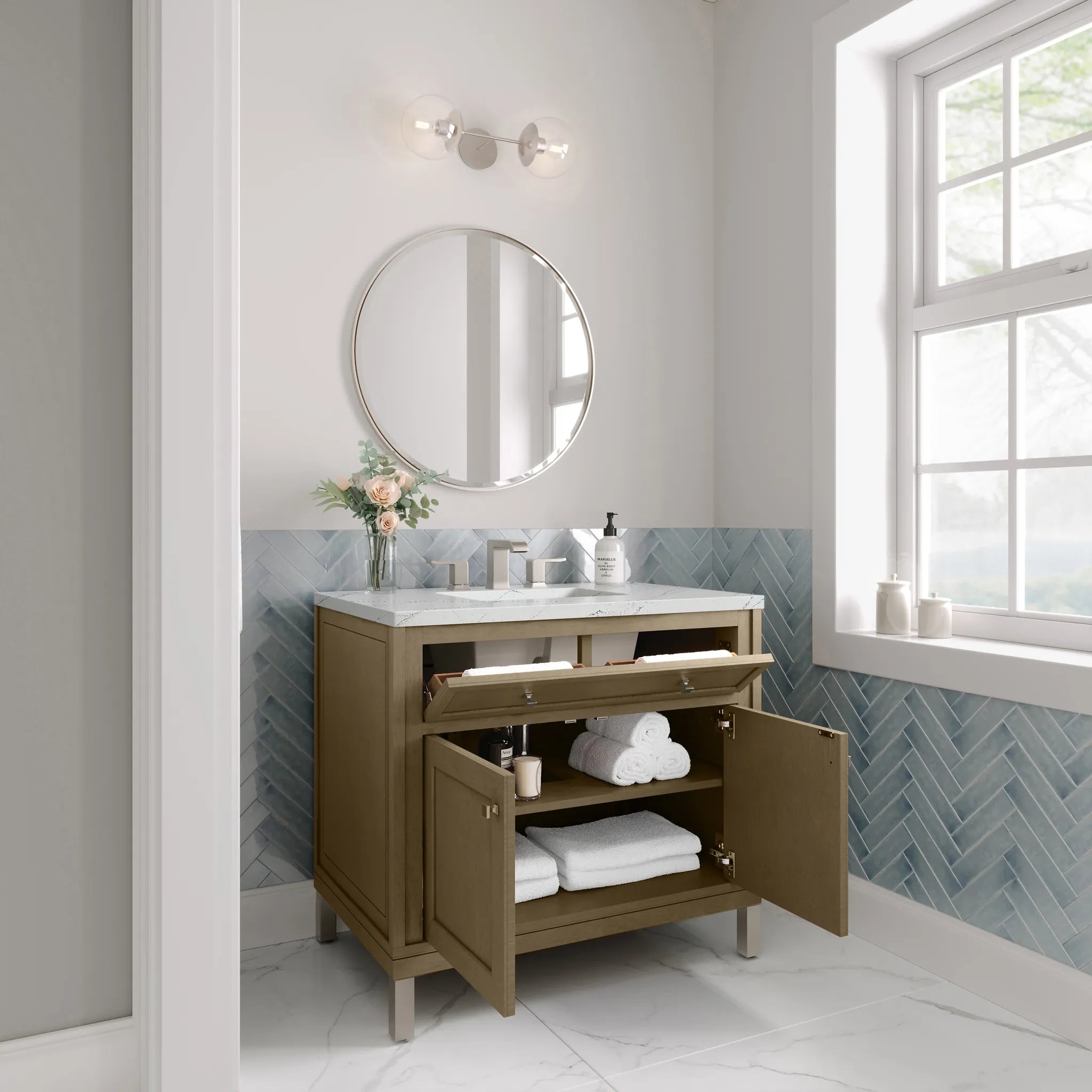 36" Chicago Single Vanity in Walnut Whisper-Ethereal Noctis Silestone-8" Widespread image 8
