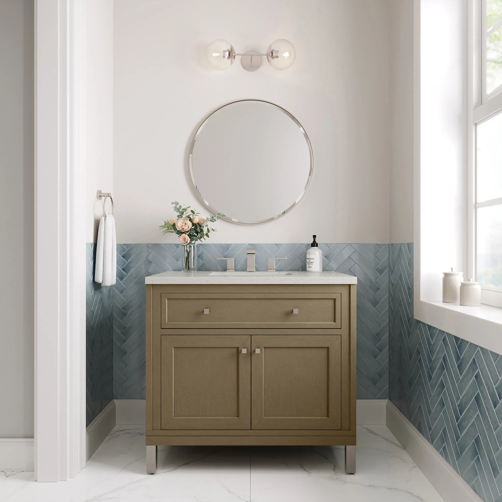 36" Chicago Single Vanity in Walnut Whisper-Lime Delight Silestone-8" Widespread image 2